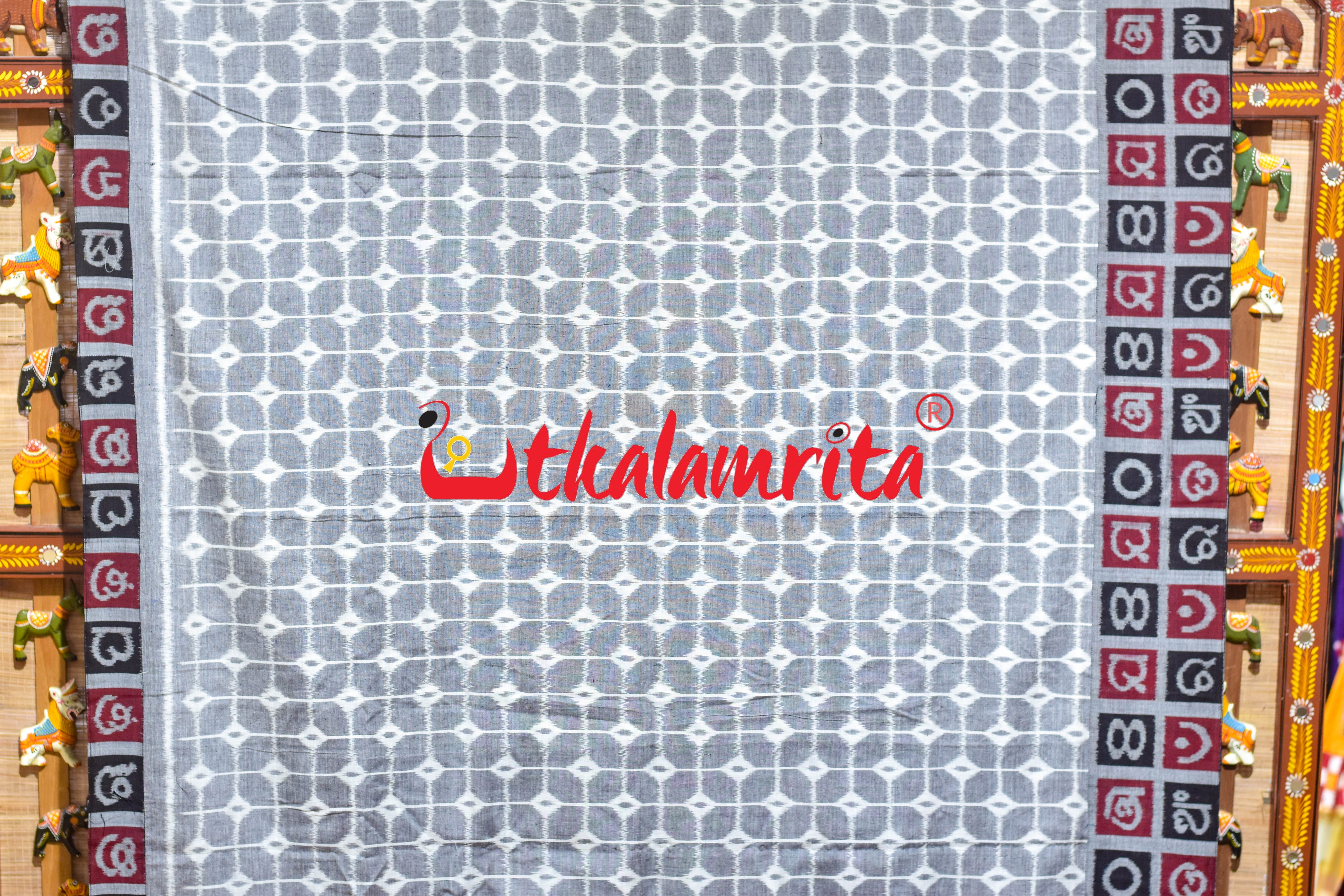 Grey Box Thikiri Ikat Odia Alphabets Designer Cotton Saree
