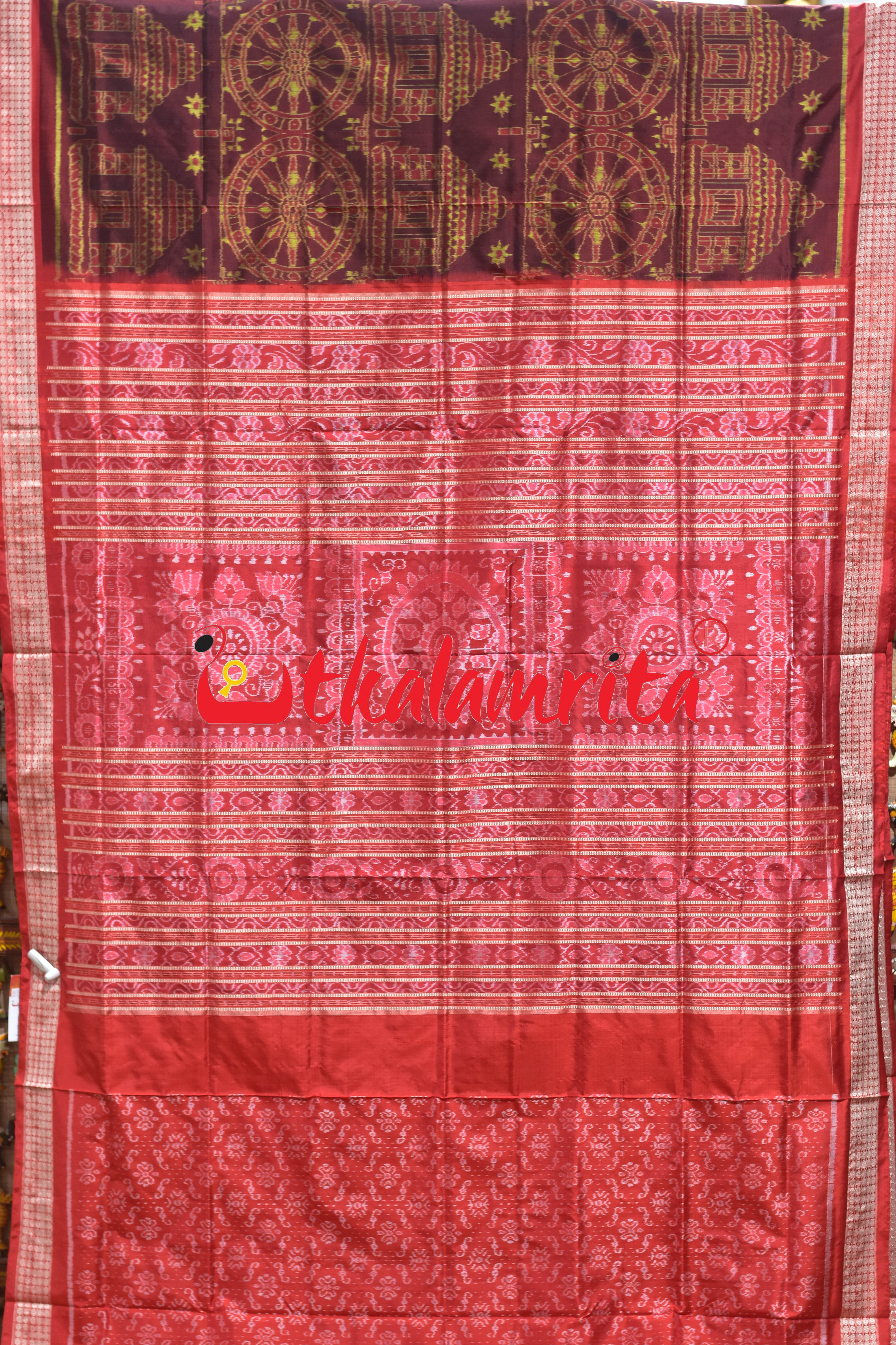 Coffee Red Konark Temple Sambalpuri Silk Saree