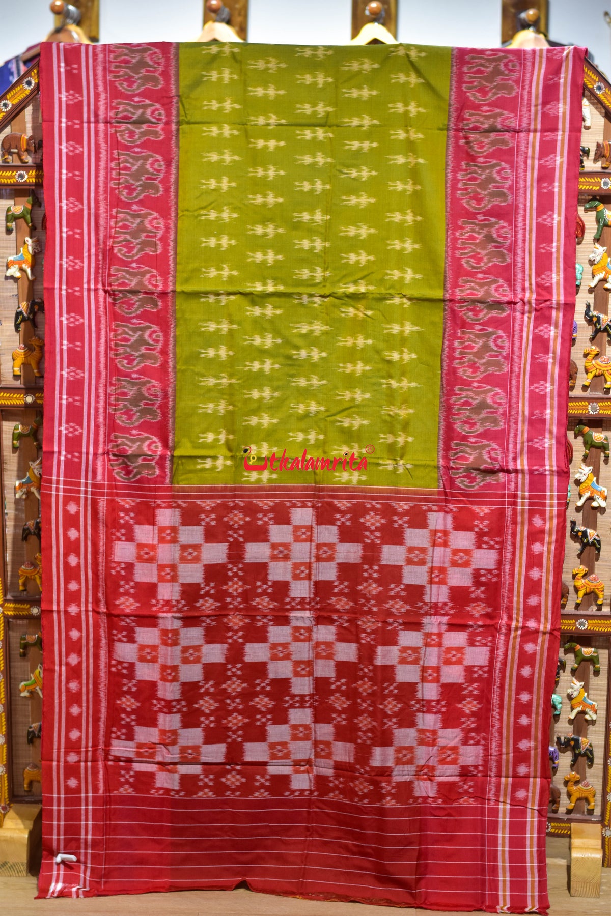 Mehendi Red Tribal Hathi Khandua Cotton Saree