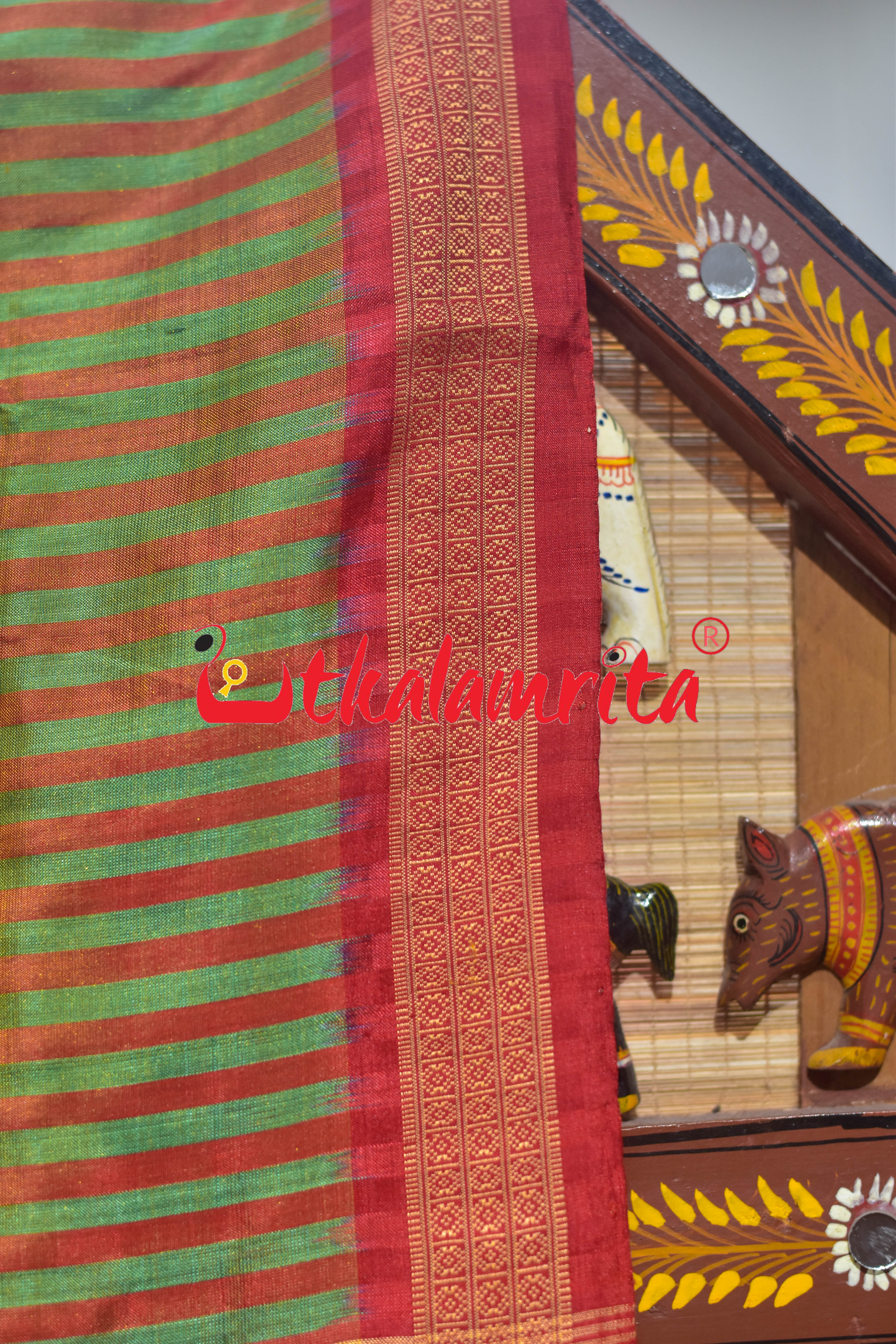 Green Red Stripes Khandua Silk Saree