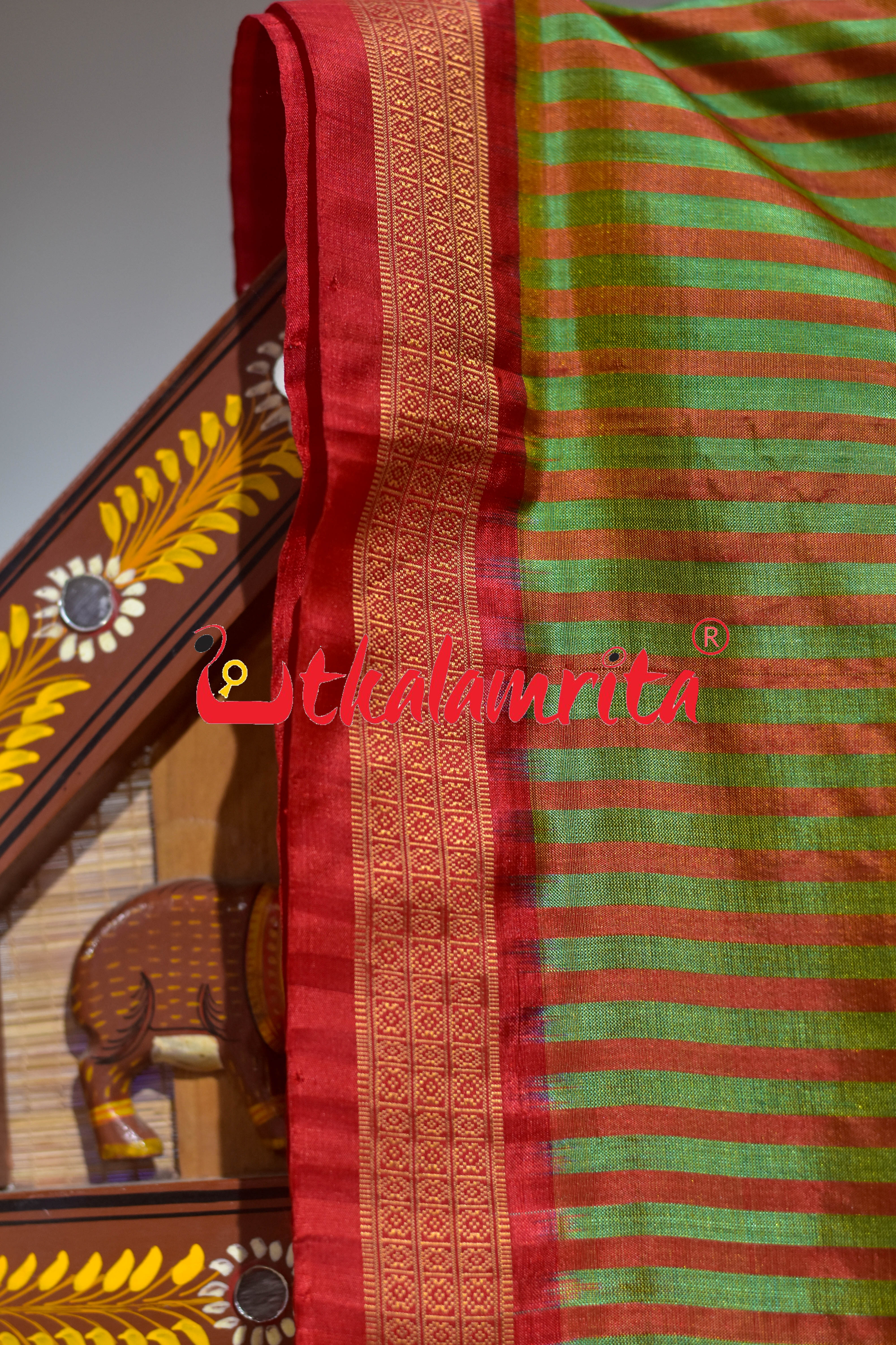 Green Red Stripes Khandua Silk Saree