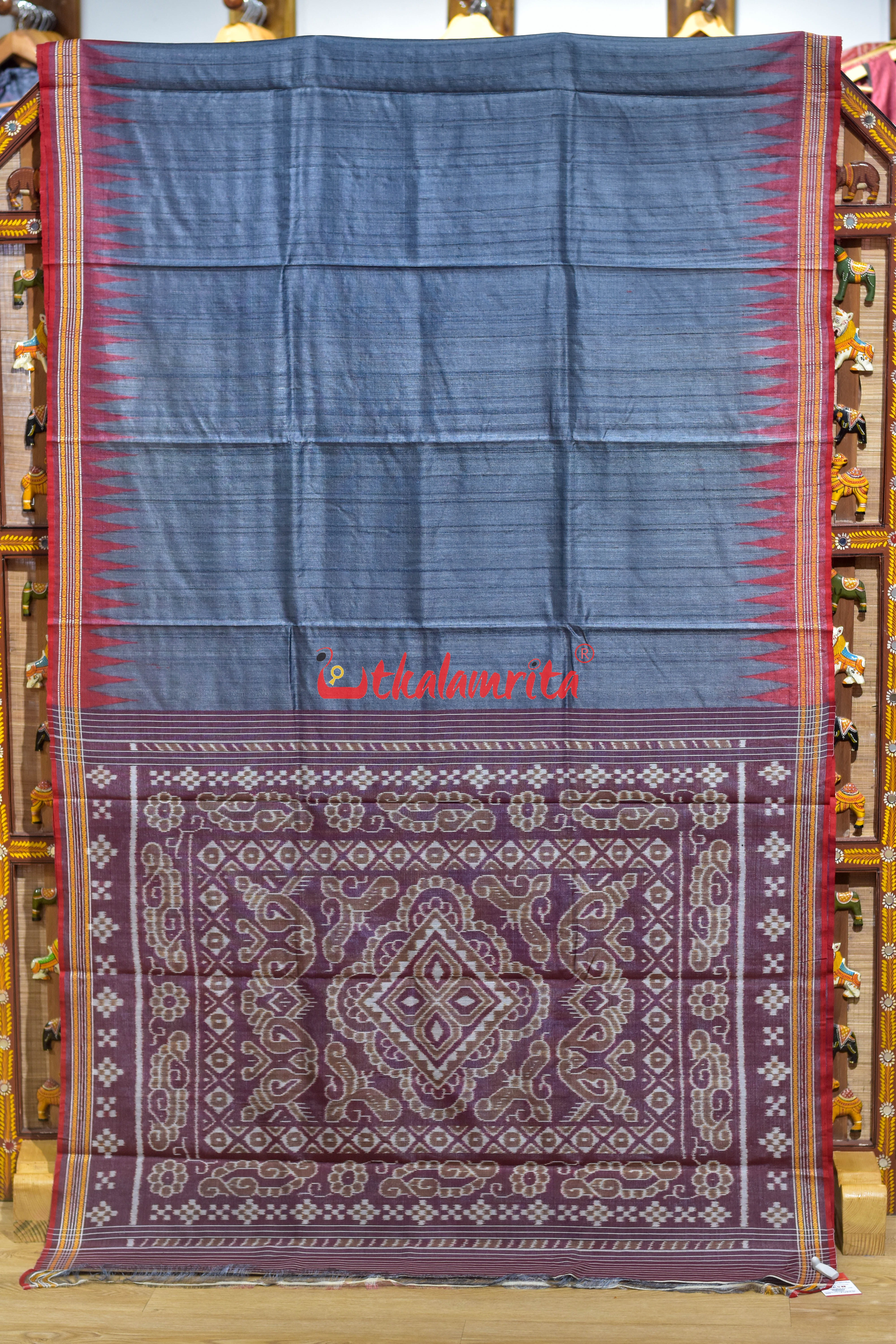Grey Red Doby Border Gopalpur Tussar Silk Saree