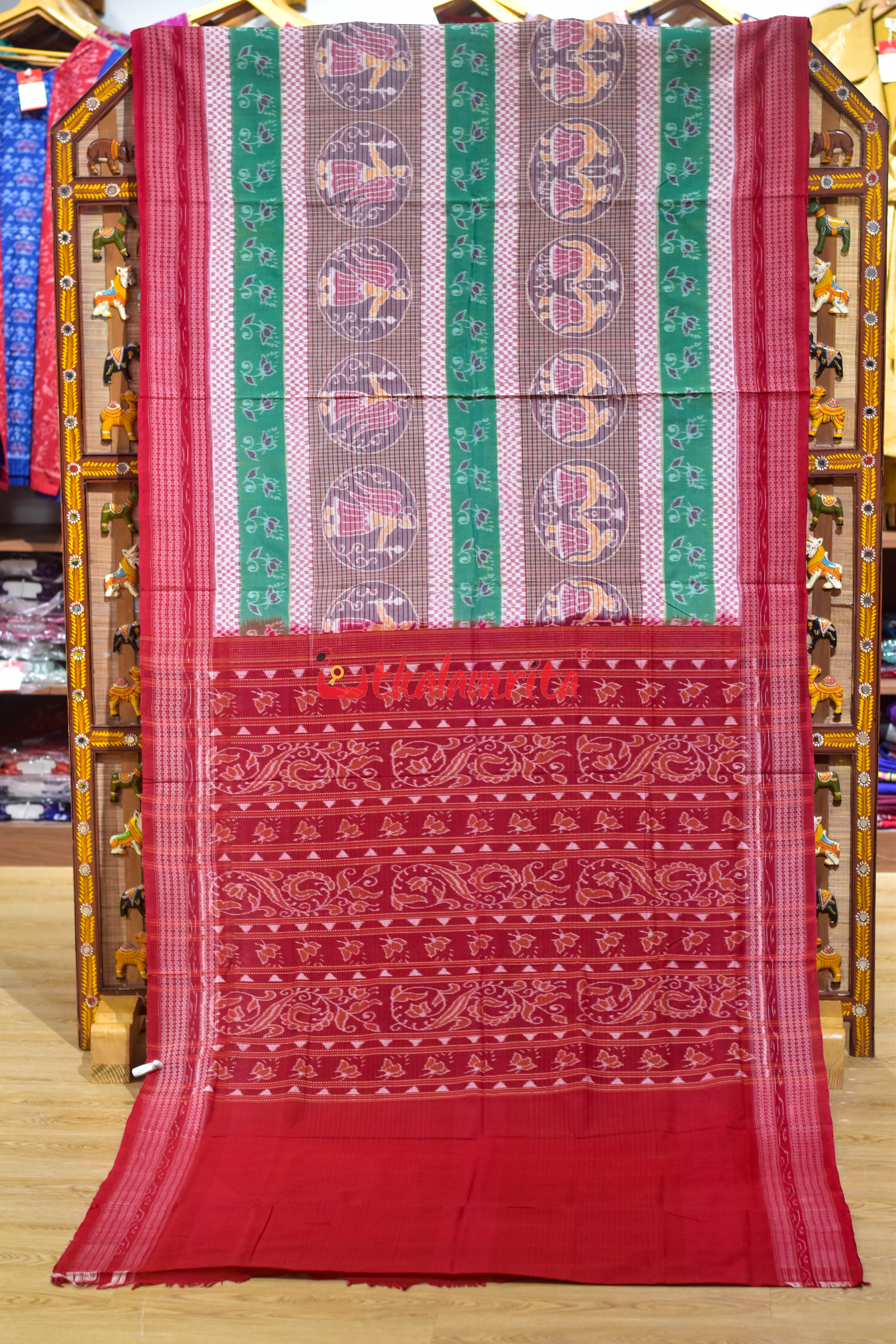 Green White Raasi Phala Sambalpuri Cotton Saree