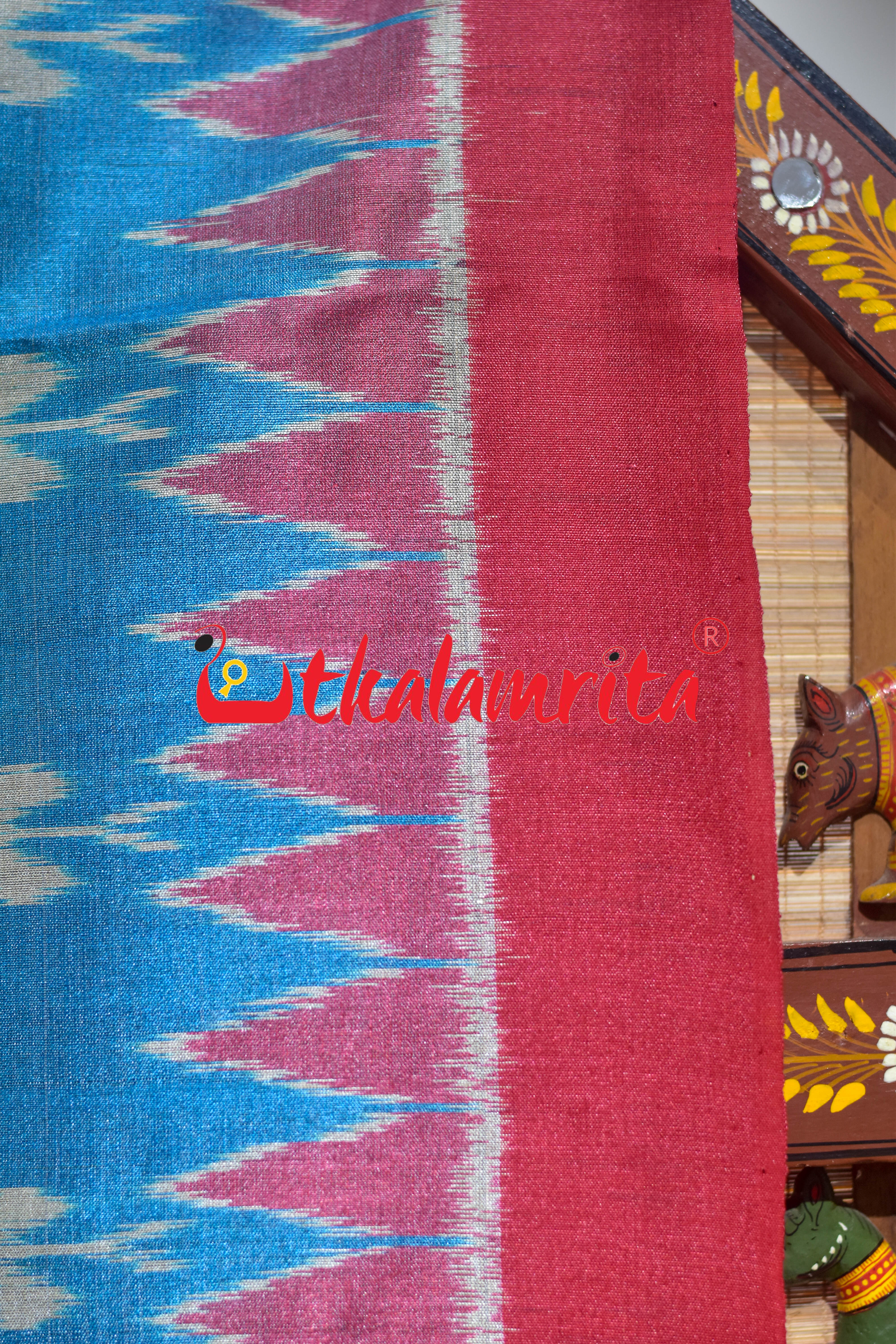 Baby Blue Red Butterfly Border Body Ikat Gopalpur Tussar Silk Saree