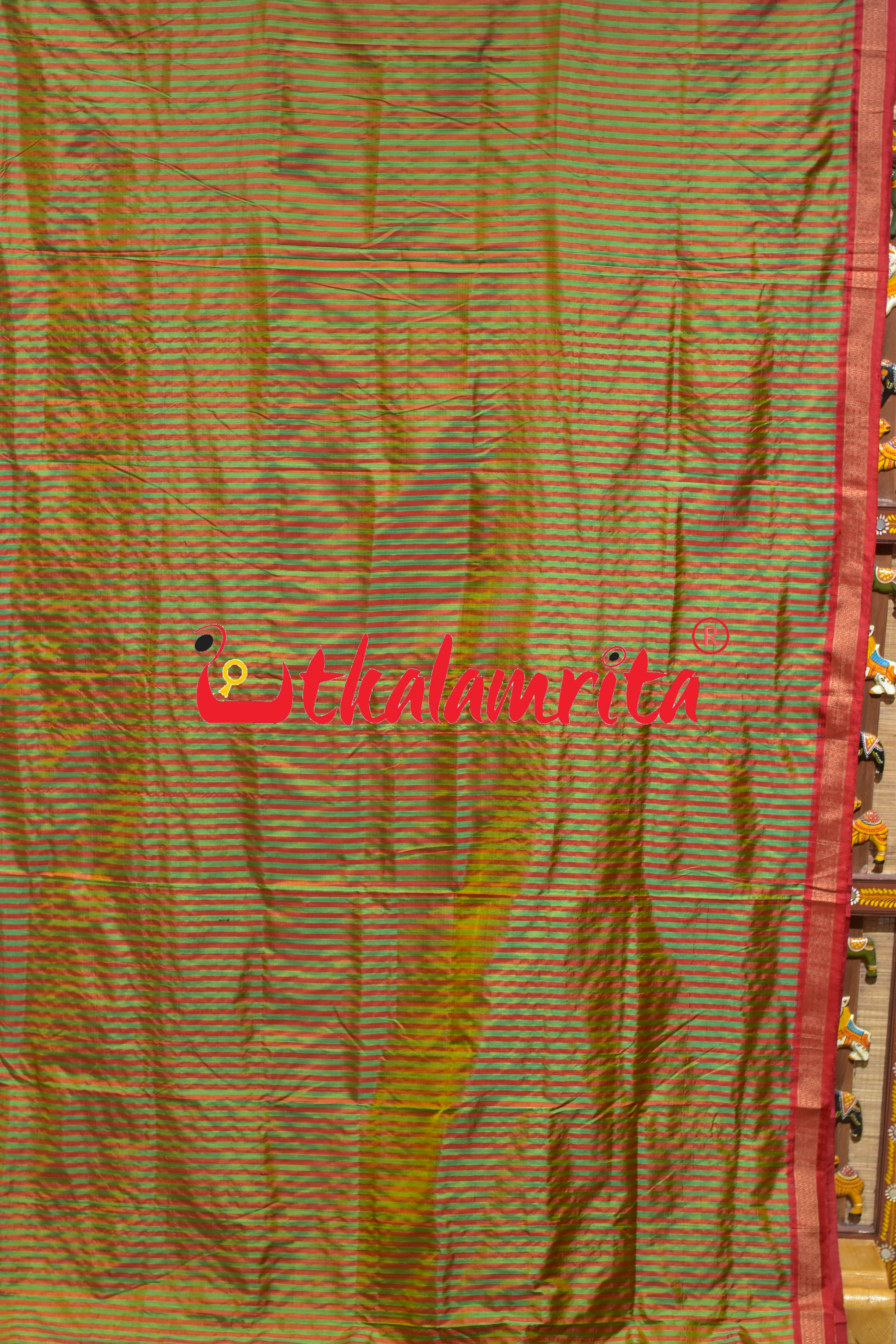 Green Red Stripes Khandua Silk Saree