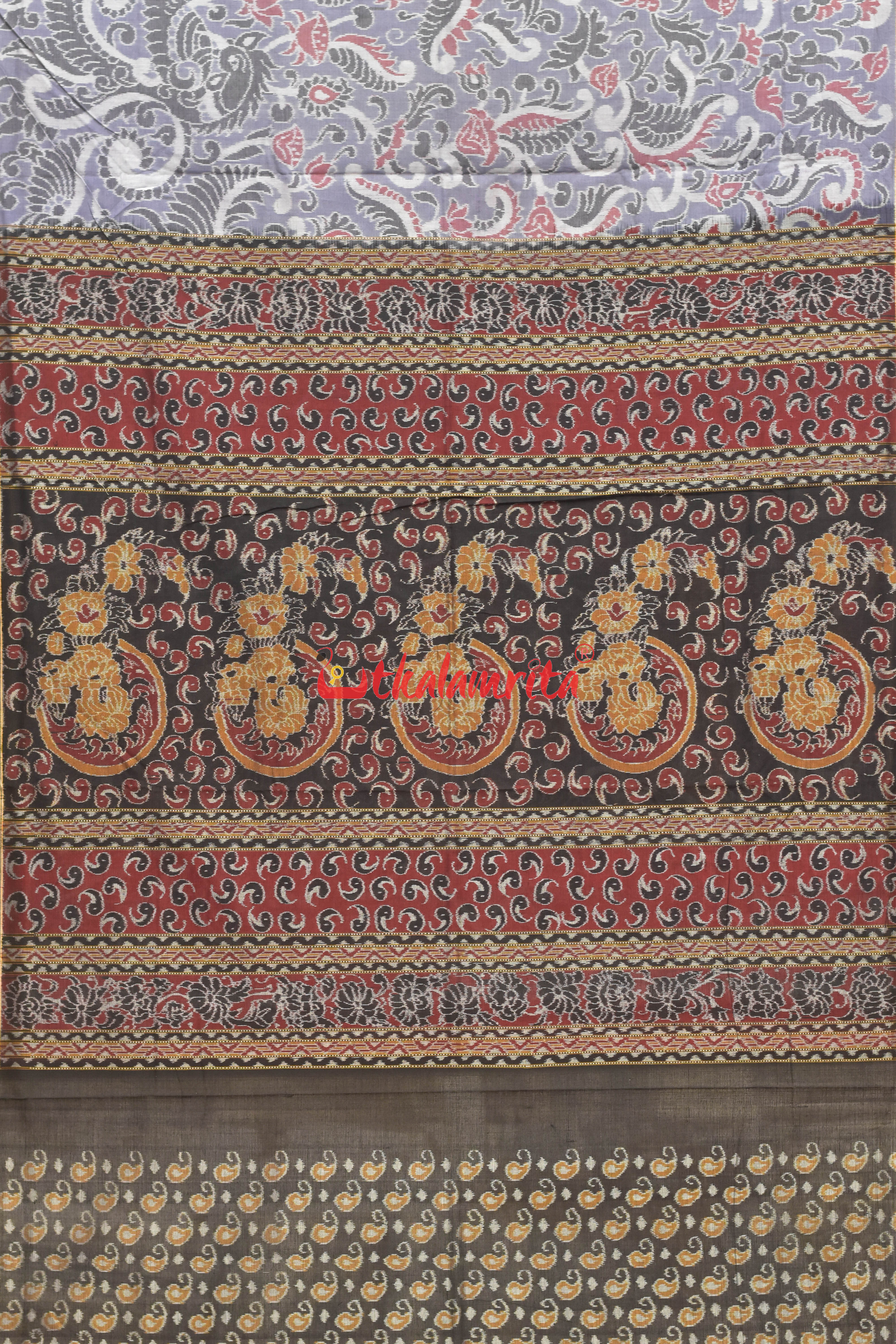 Grey Red Flowers Bandha Sambalpuri Cotton Saree