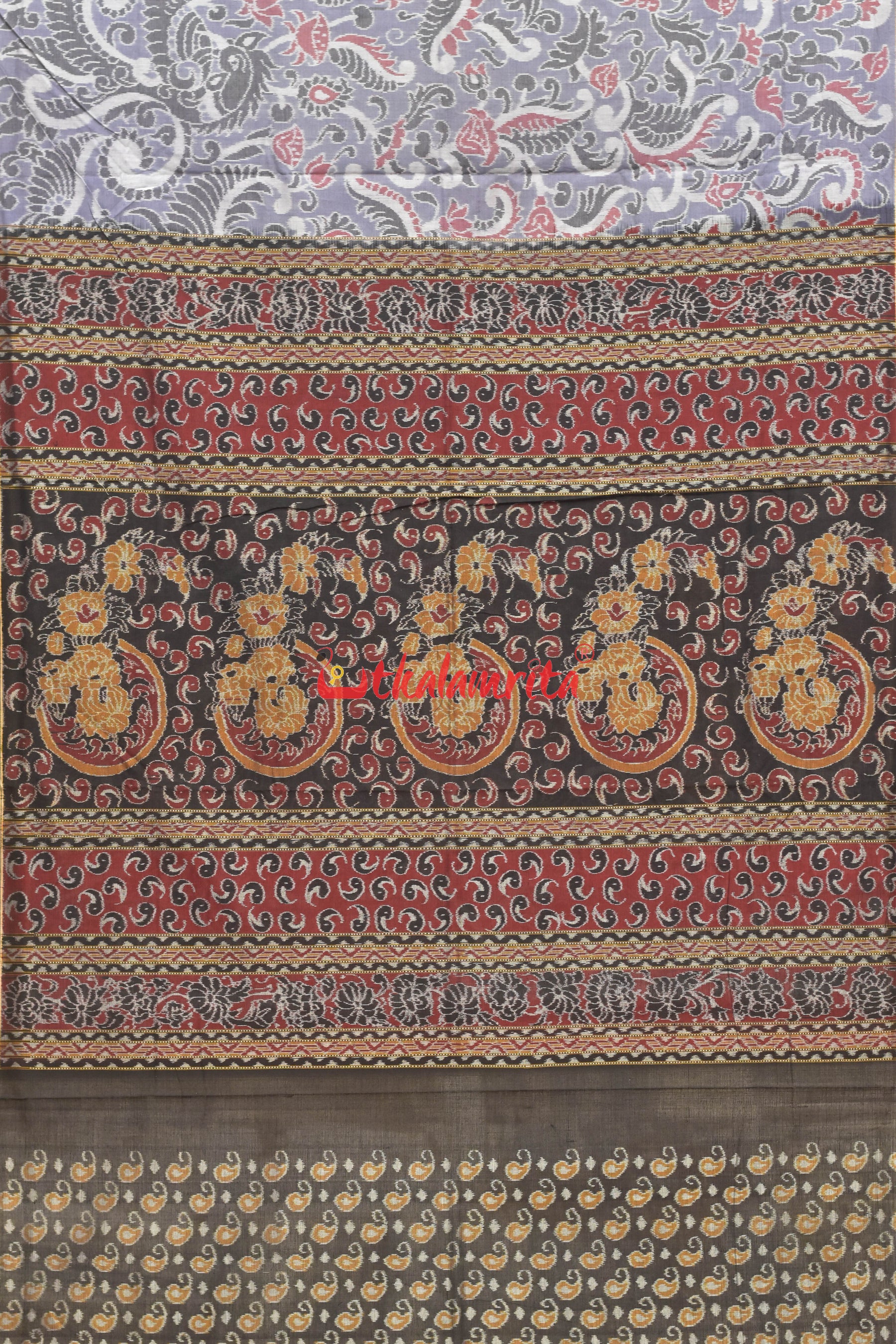 Grey Red Flowers Bandha Sambalpuri Cotton Saree