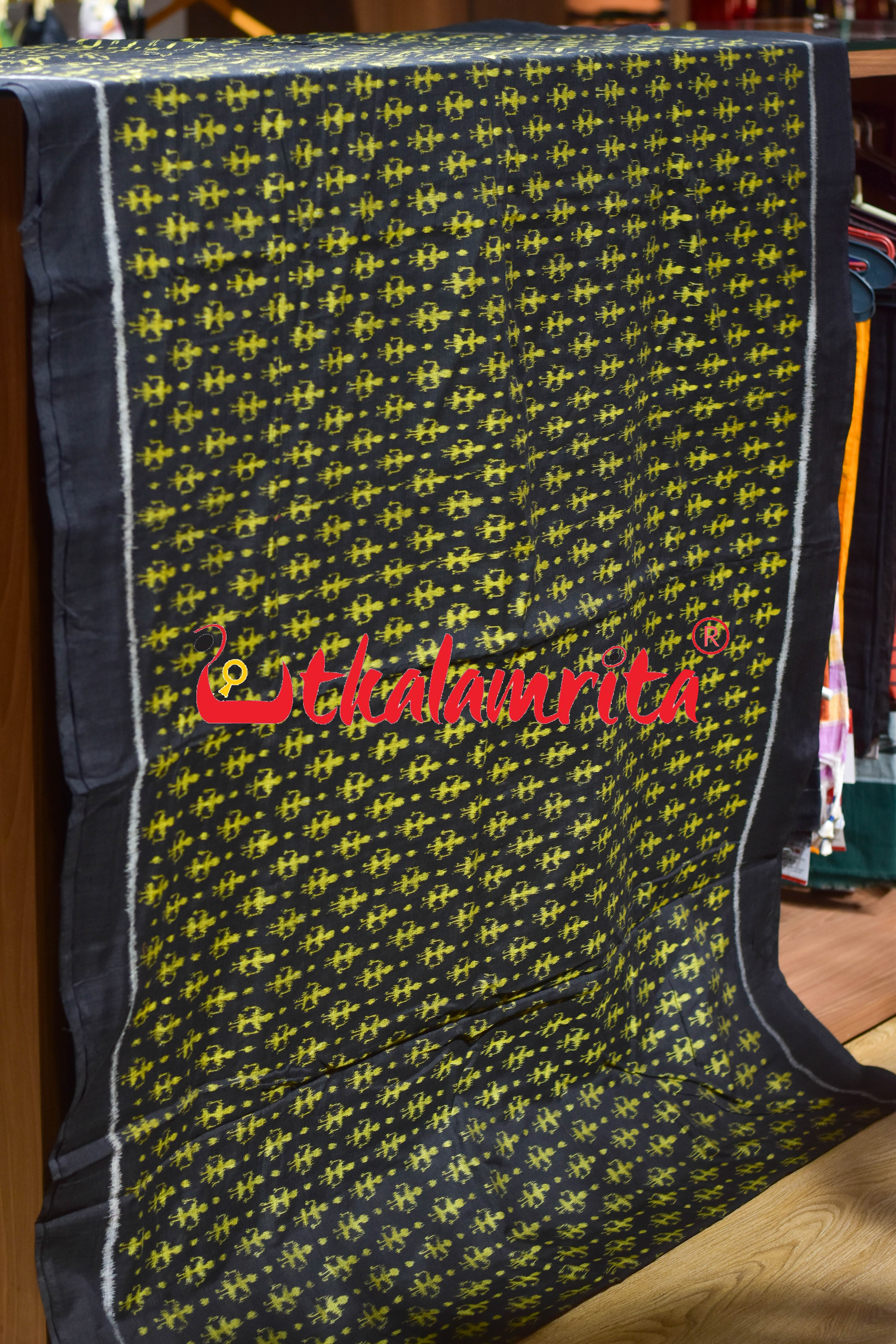 Black Yellow Standing Tribals Sambalpuri Cotton (Fabric)