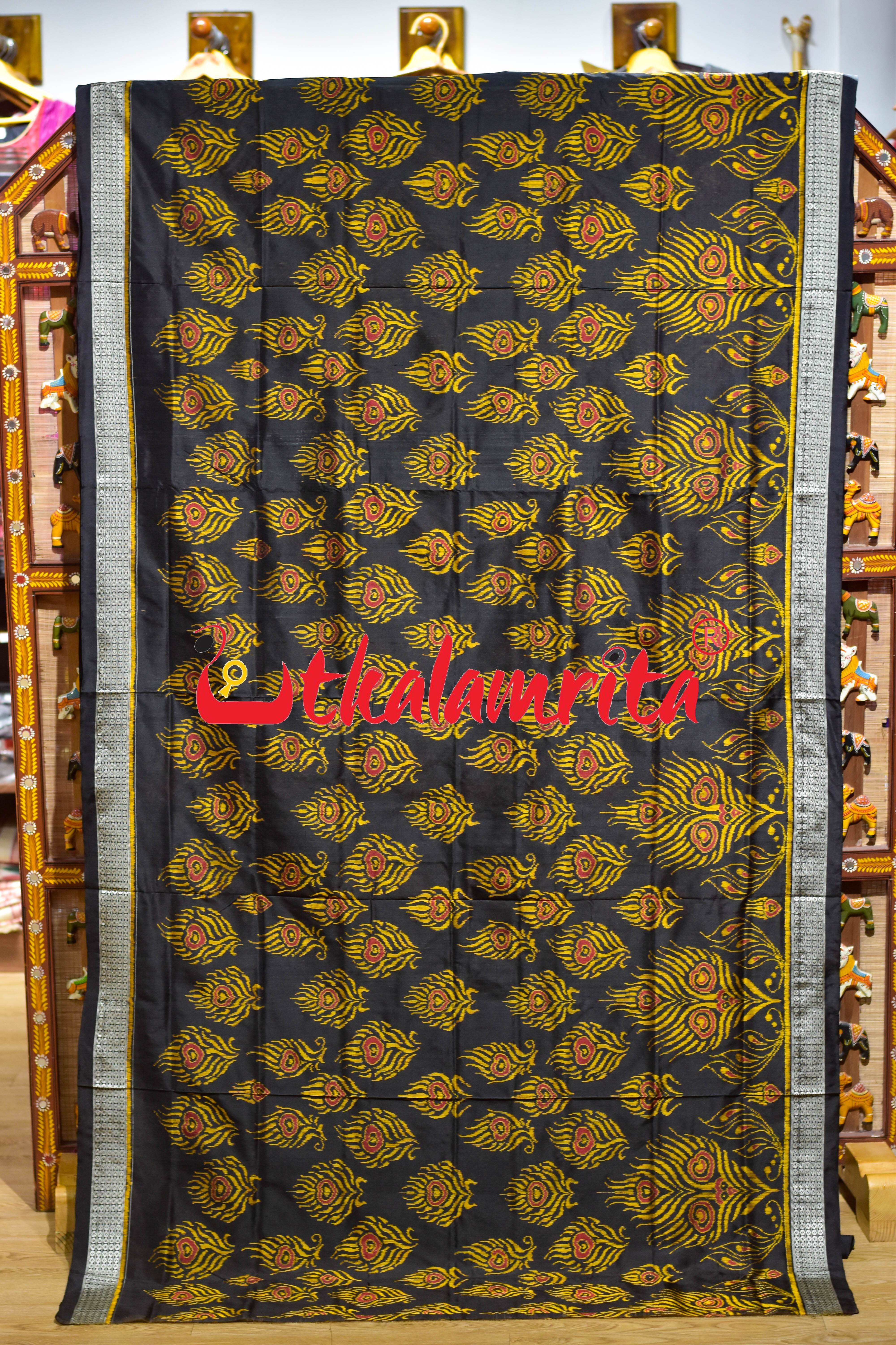 Black Golden Mayurapucha Sambalpuri Silk Saree