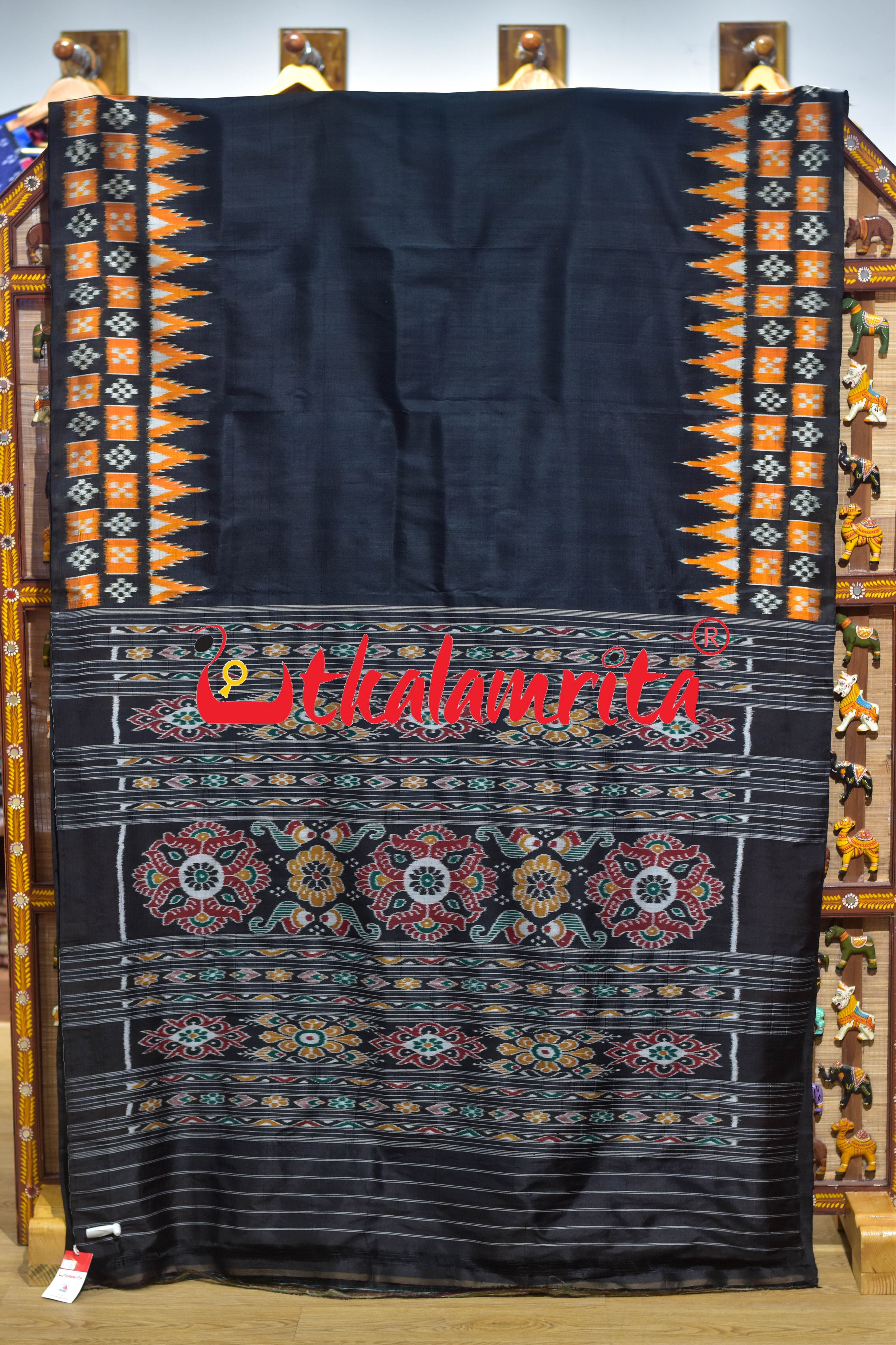 Black Orange Double Pasapali Border Scot Khandua Silk Saree