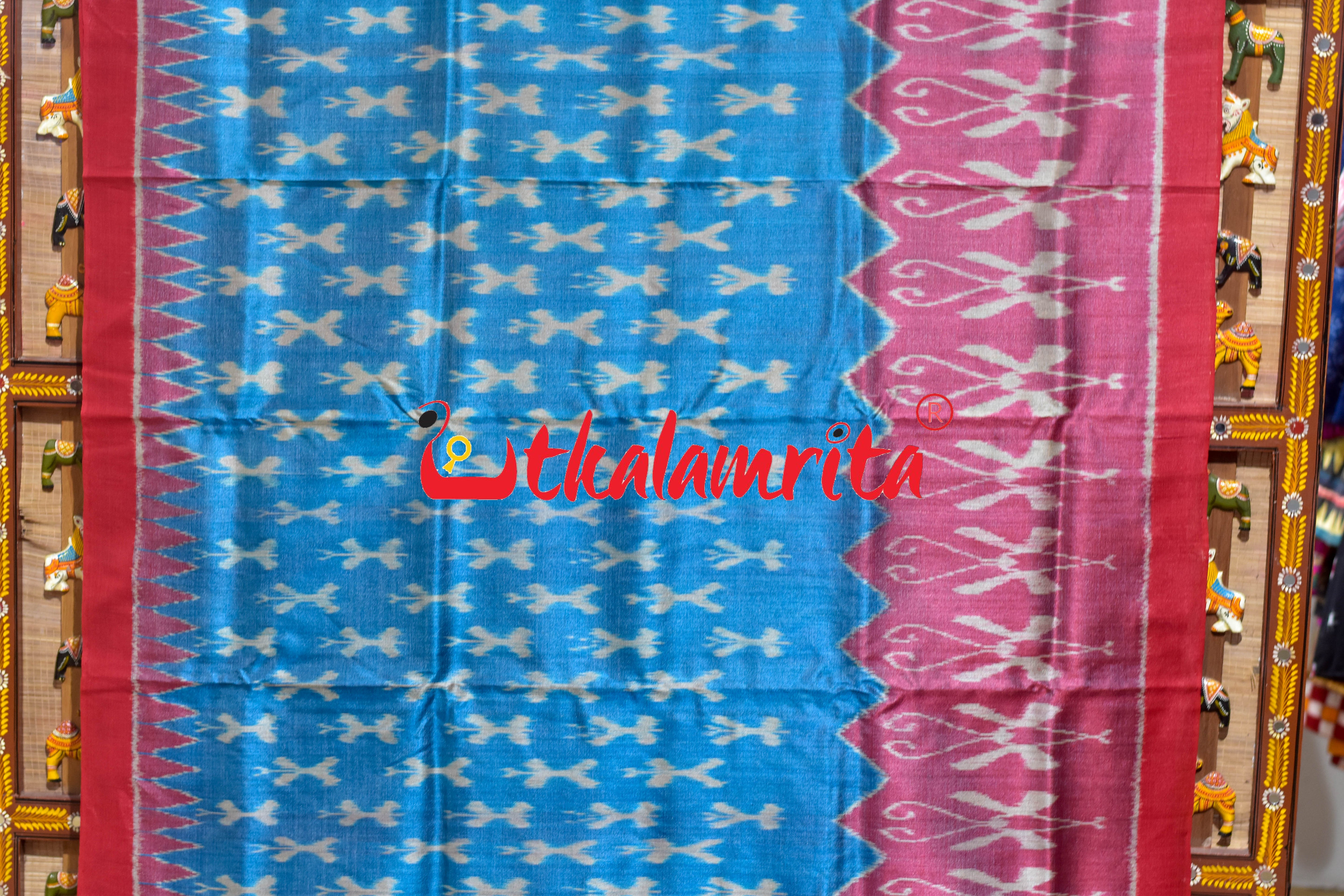 Baby Blue Red Butterfly Border Body Ikat Gopalpur Tussar Silk Saree