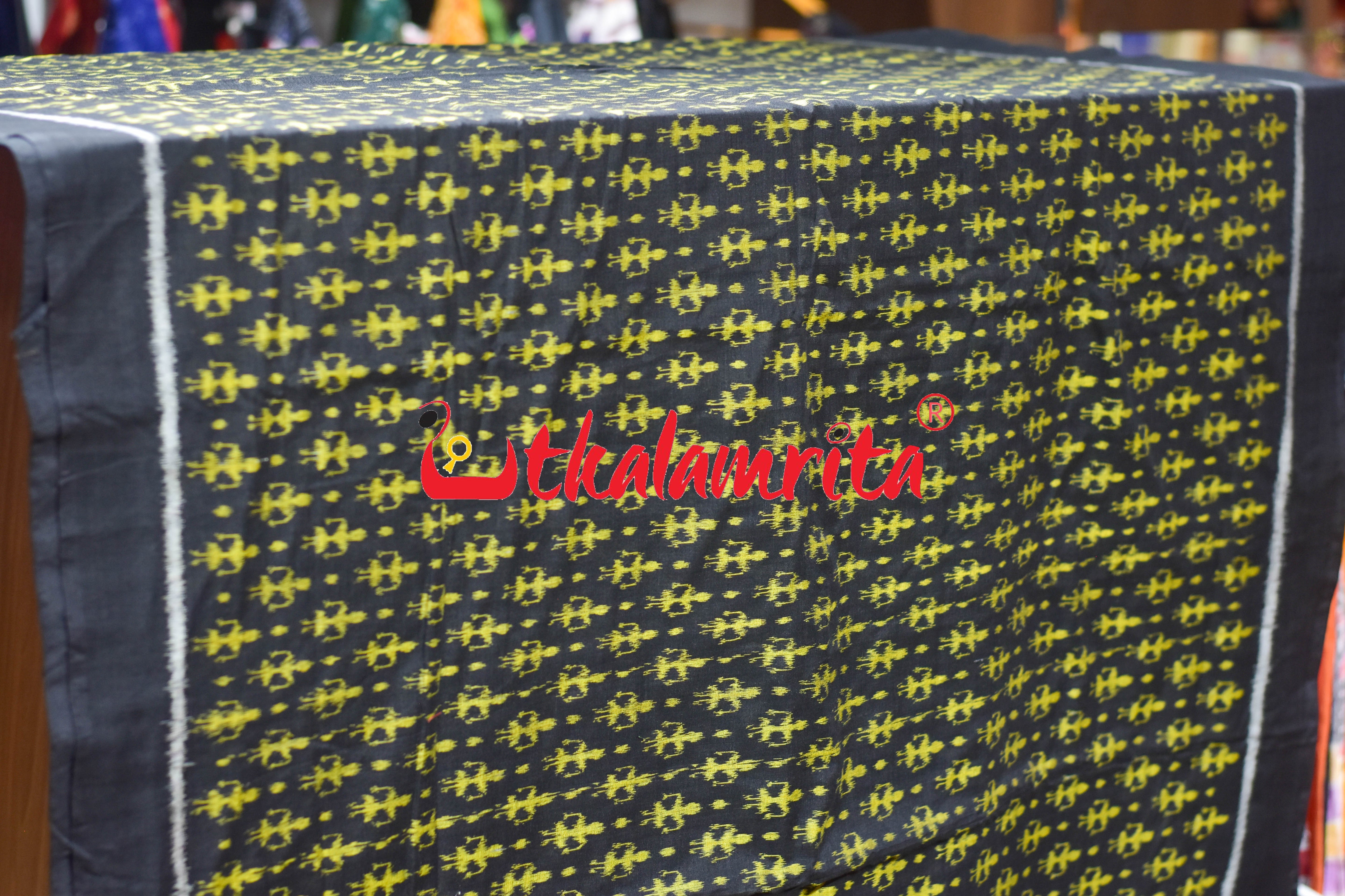Black Yellow Standing Tribals Sambalpuri Cotton (Fabric)