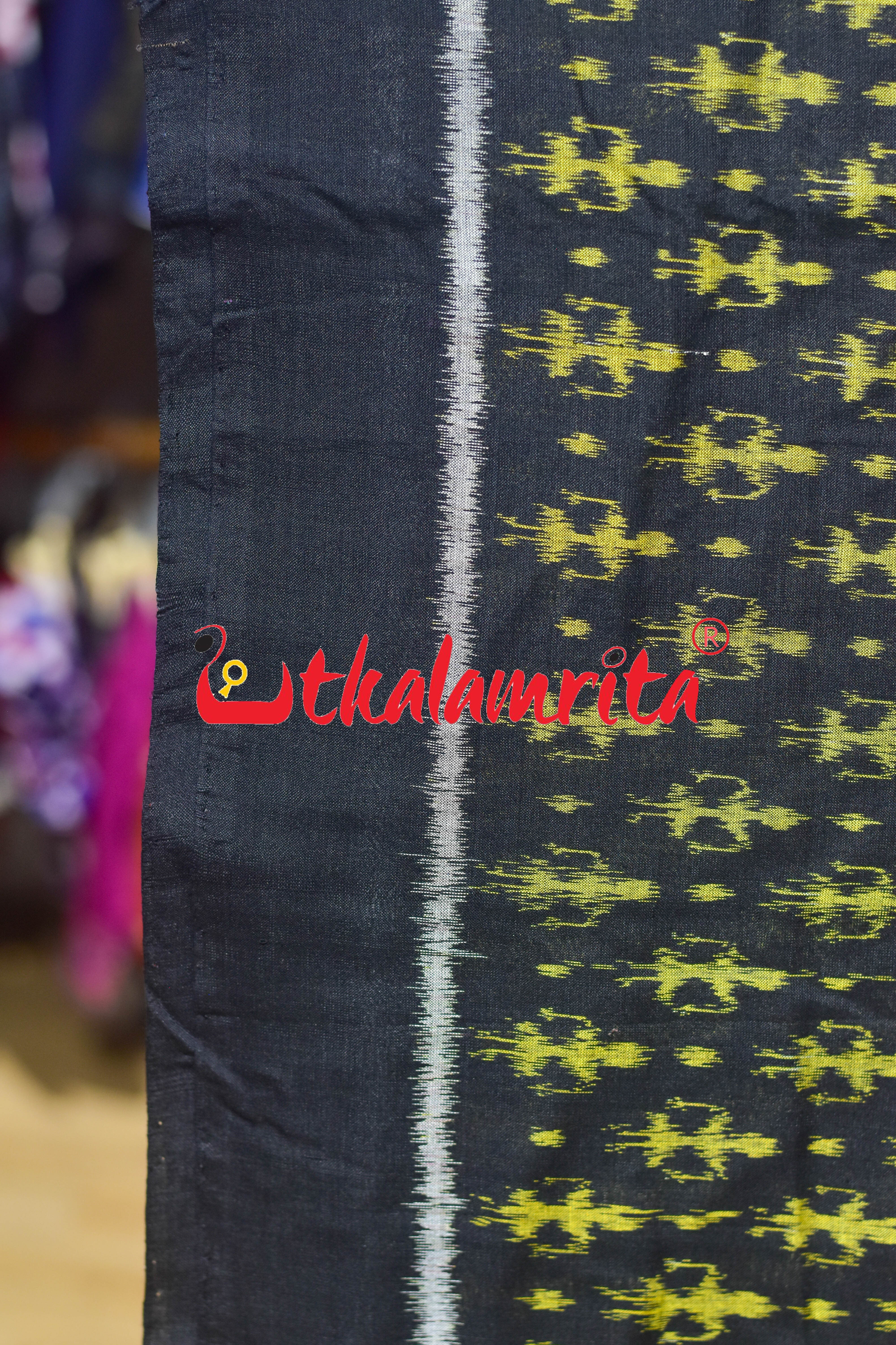 Black Yellow Standing Tribals Sambalpuri Cotton (Fabric)
