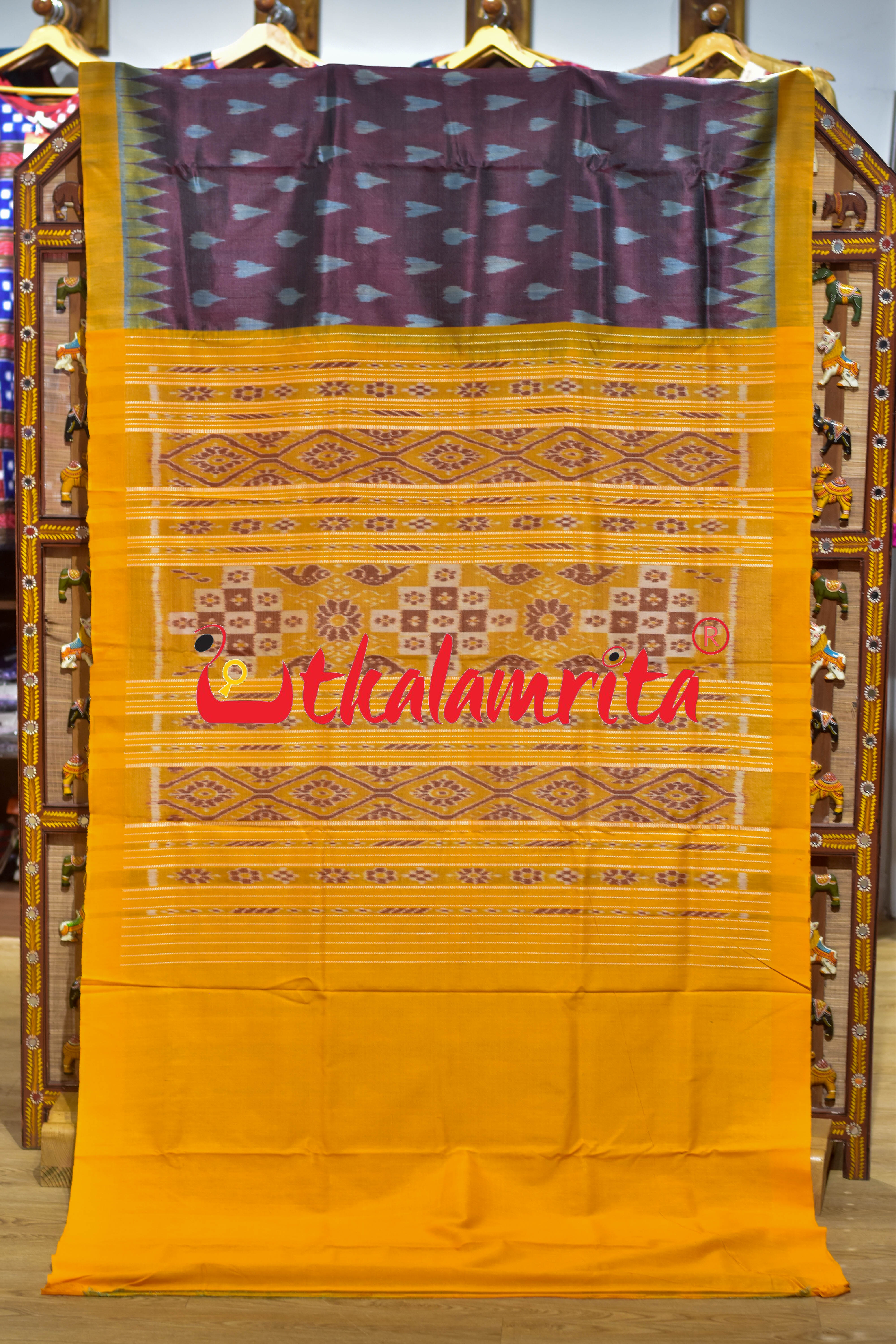 Maroon Yellow Dual Shade Body Ikat Gopalpur Tussar Silk Saree