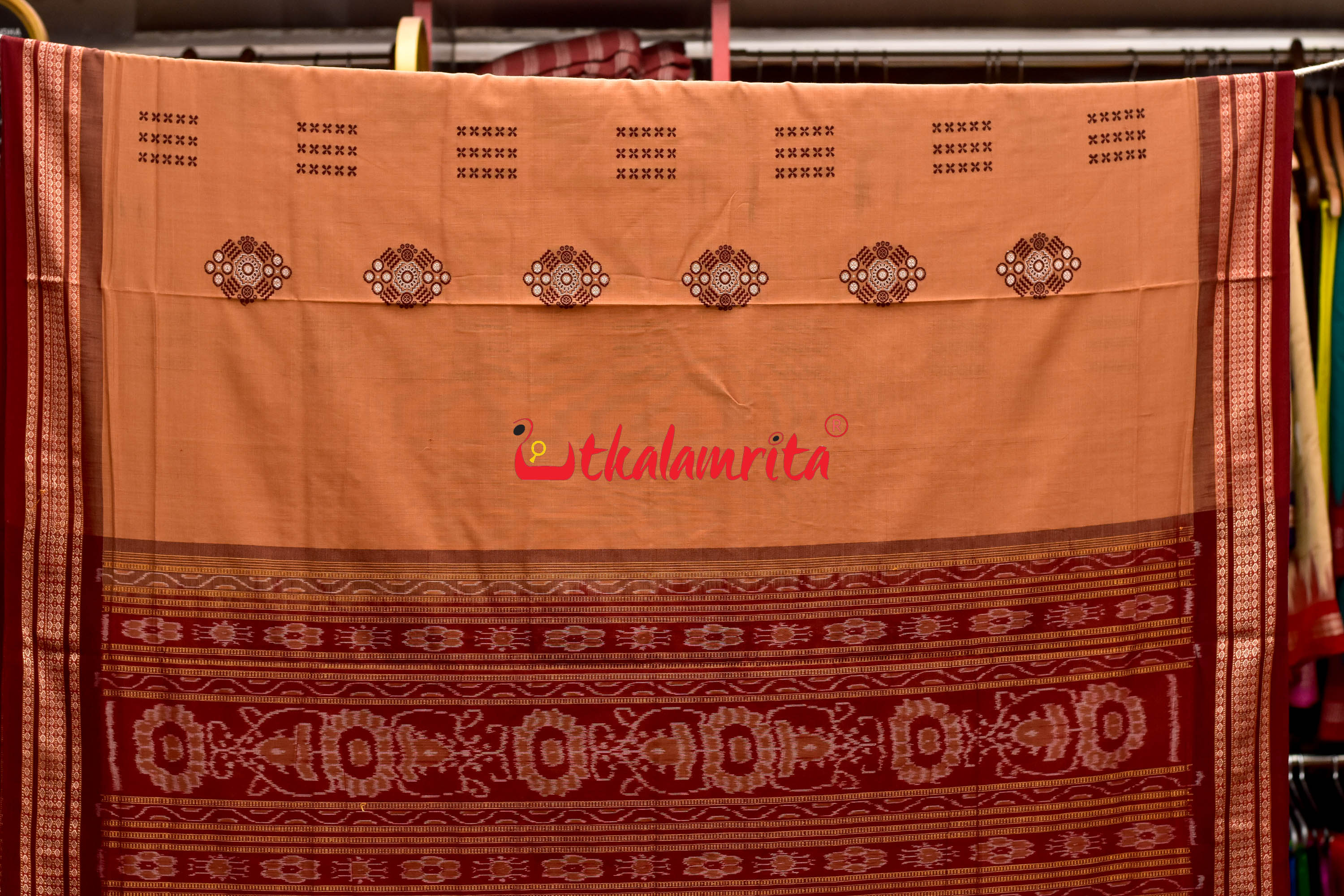 Biscuit Maroon Pentagon Bomkai Cotton Saree