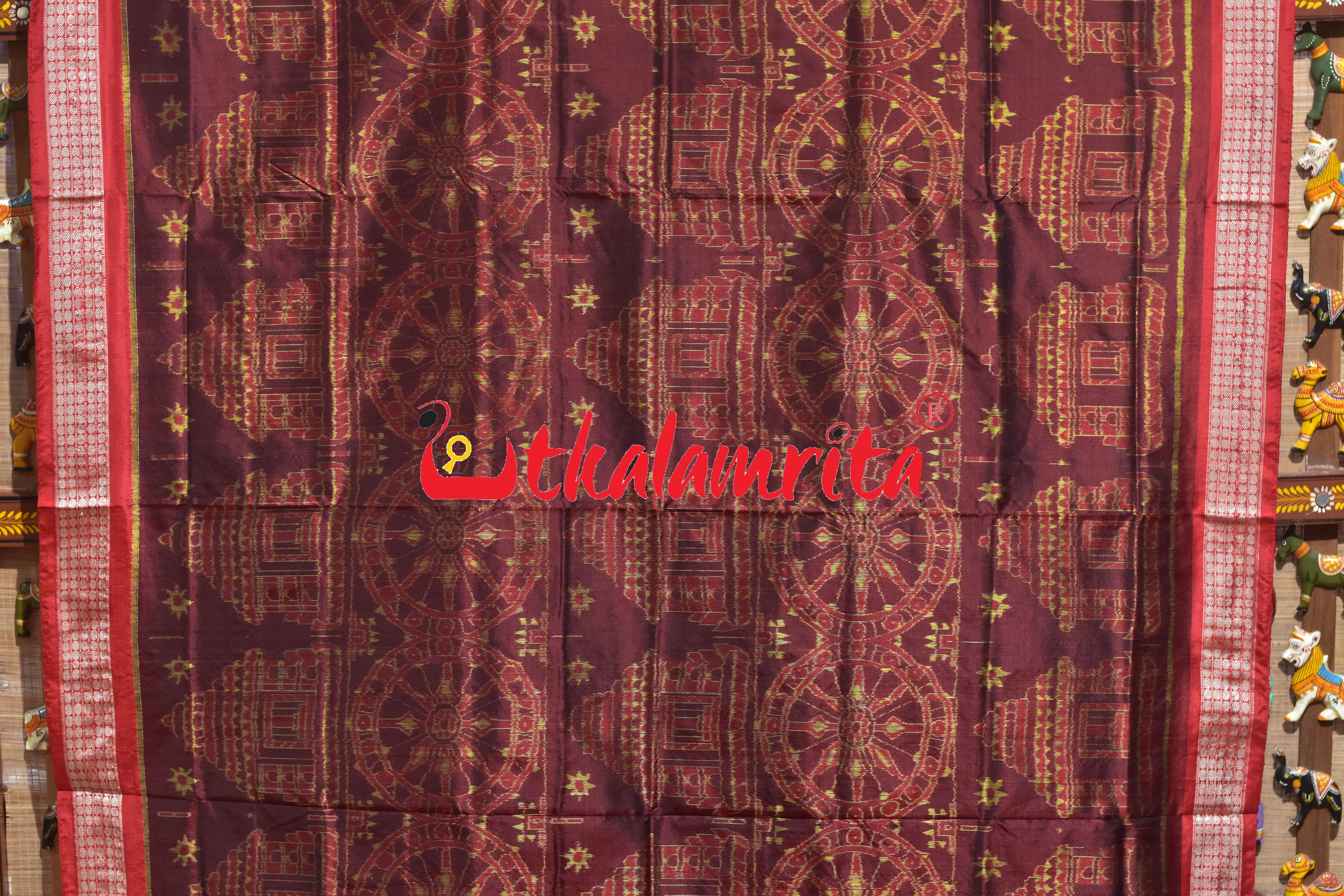 Coffee Red Konark Temple Sambalpuri Silk Saree