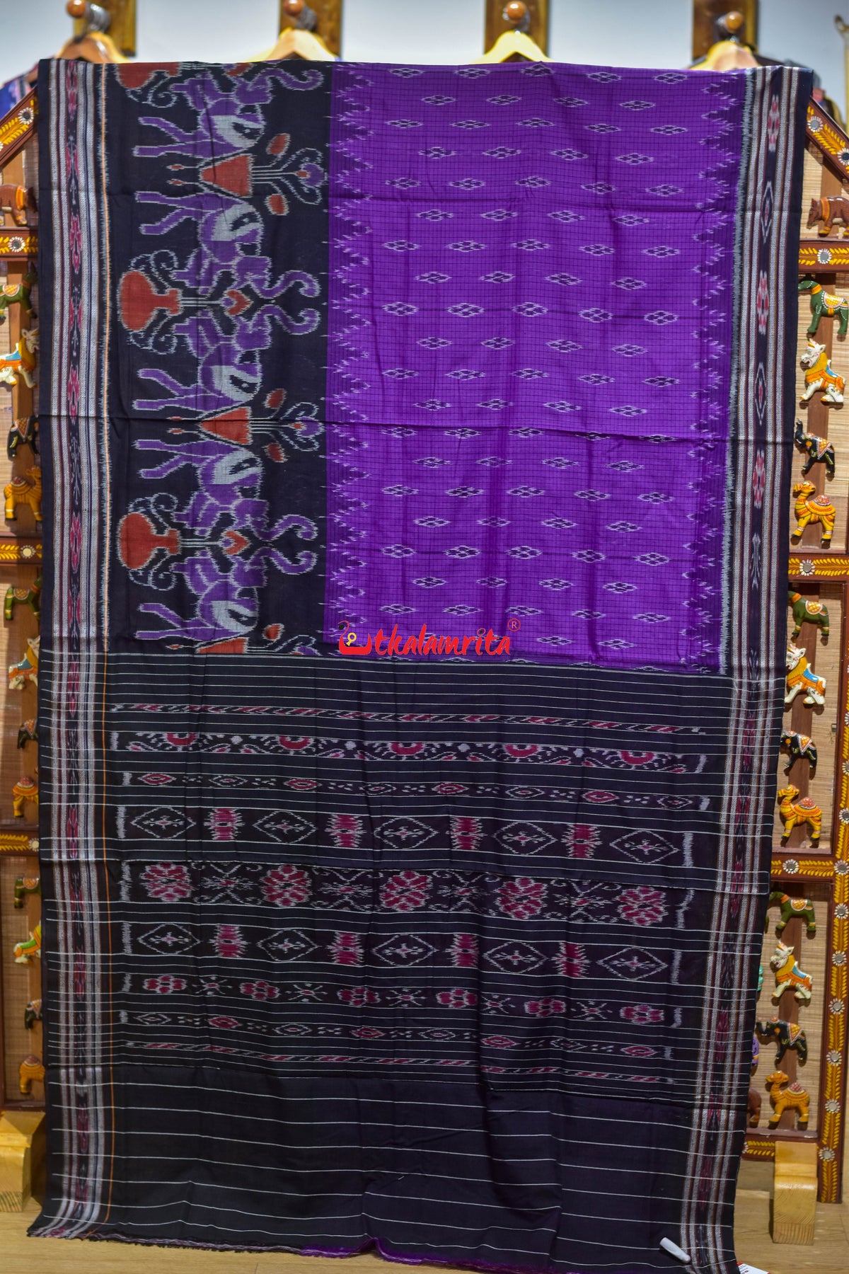 Dual Haathi Purple black Khandua Cotton Saree