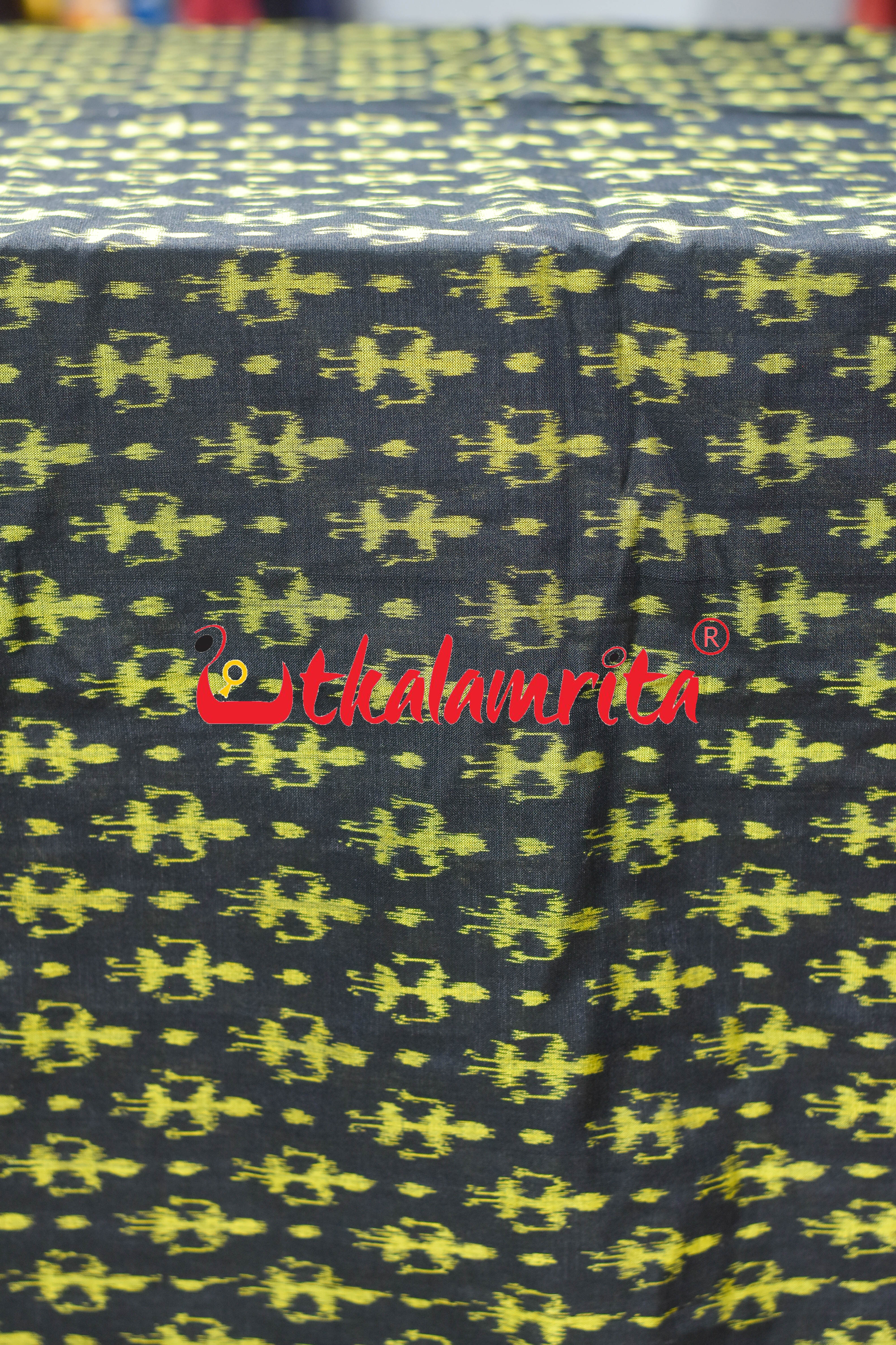 Black Yellow Standing Tribals Sambalpuri Cotton (Fabric)