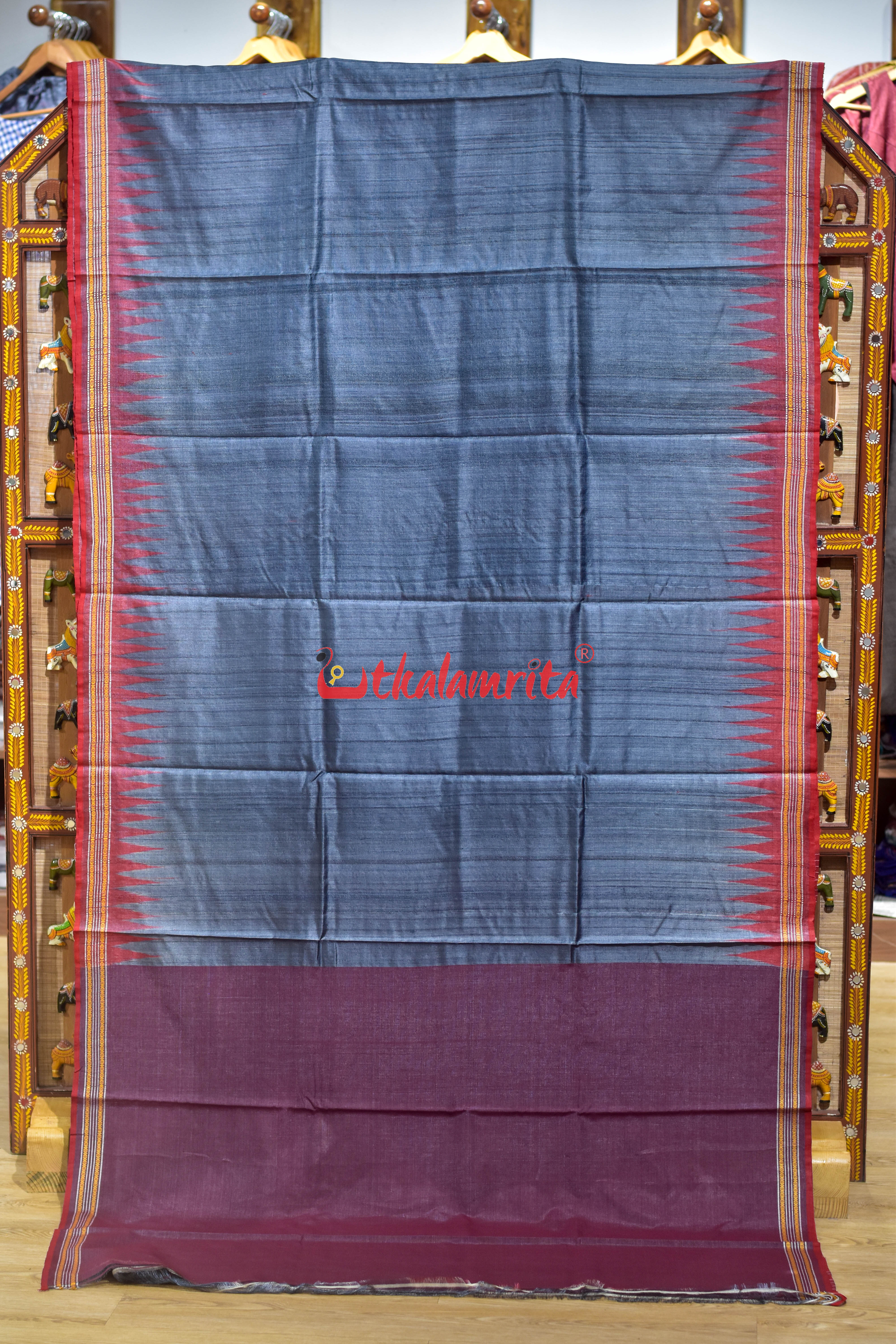 Grey Red Doby Border Gopalpur Tussar Silk Saree