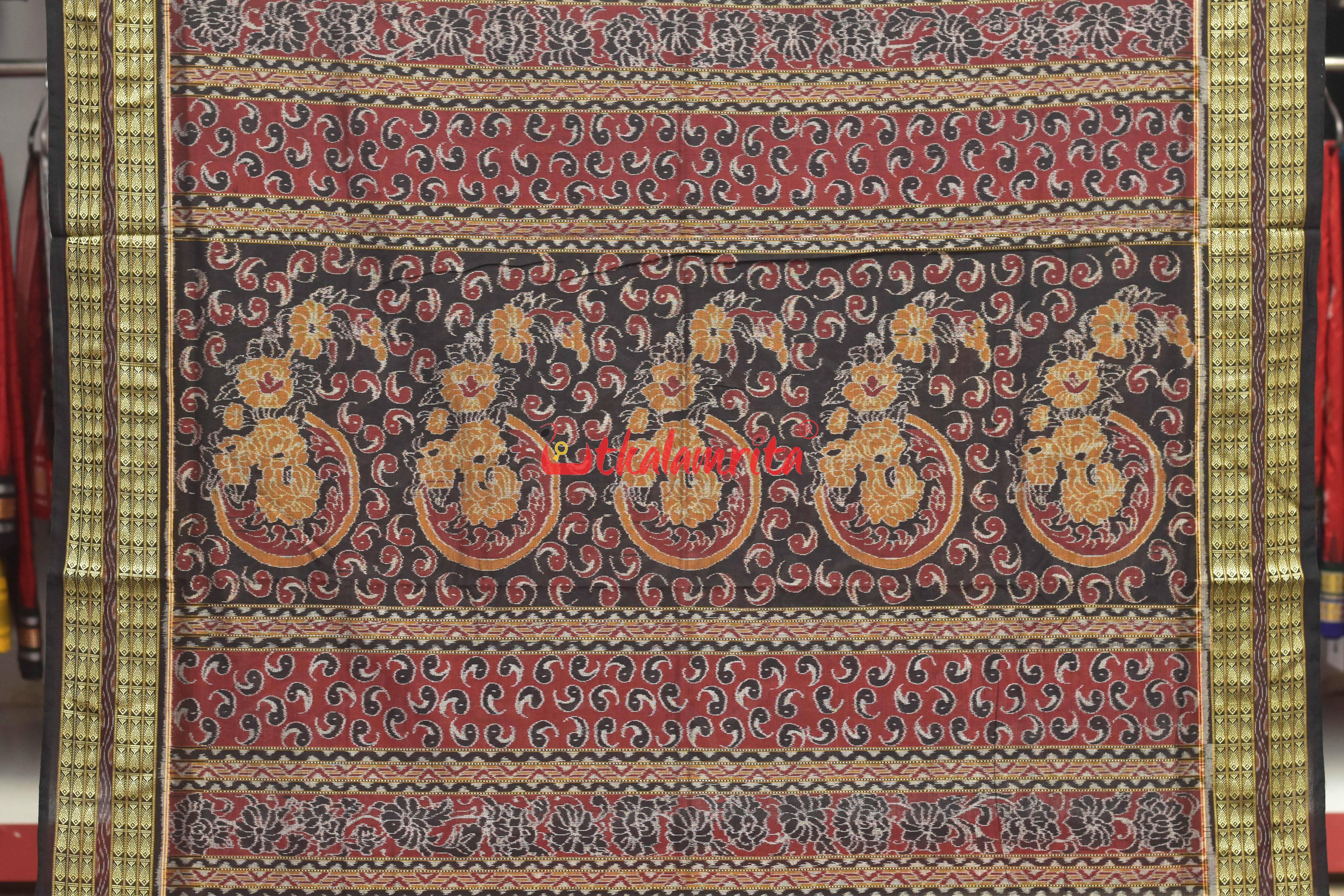 Grey Red Flowers Bandha Sambalpuri Cotton Saree