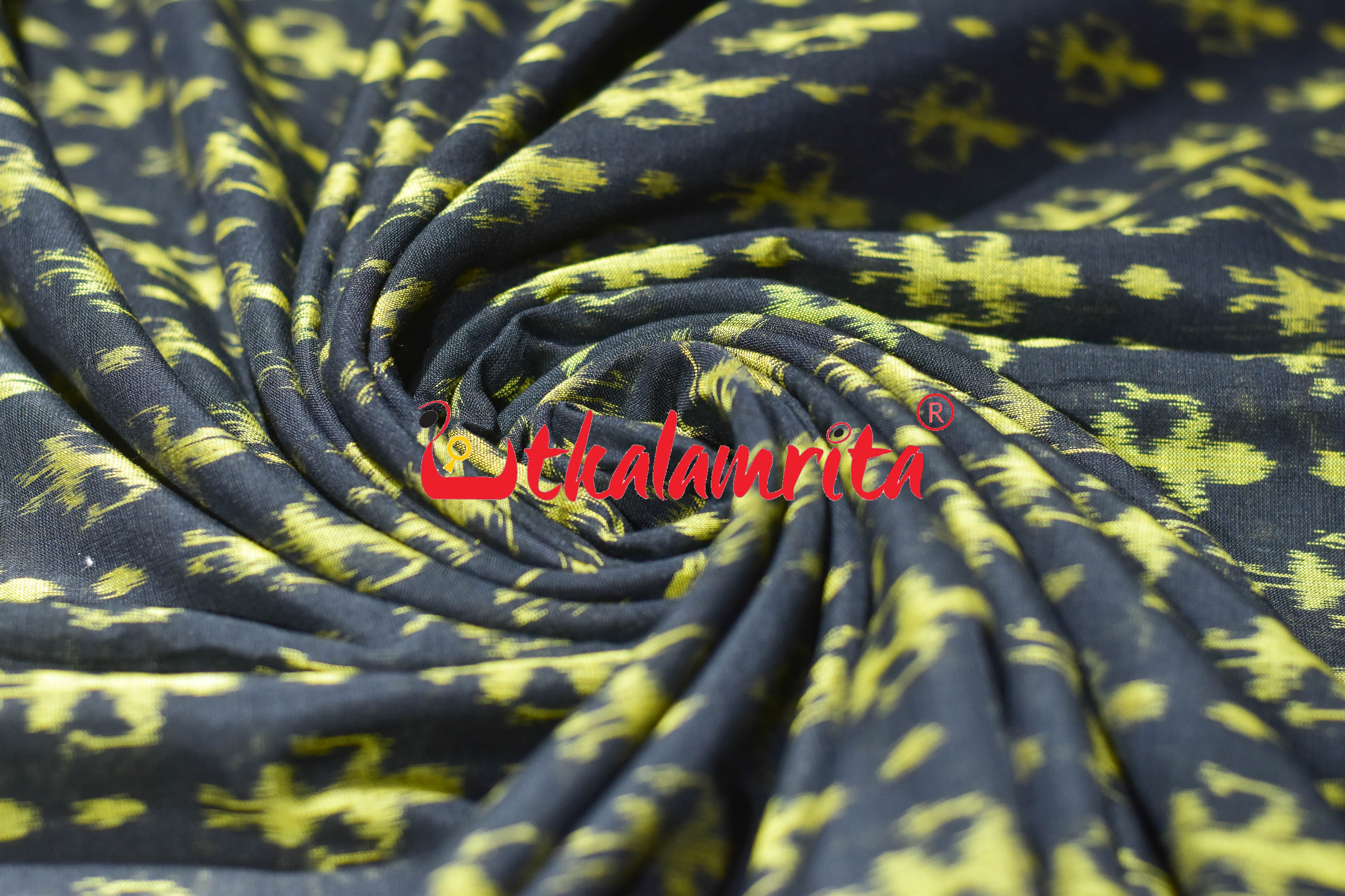 Black Yellow Standing Tribals Sambalpuri Cotton (Fabric)