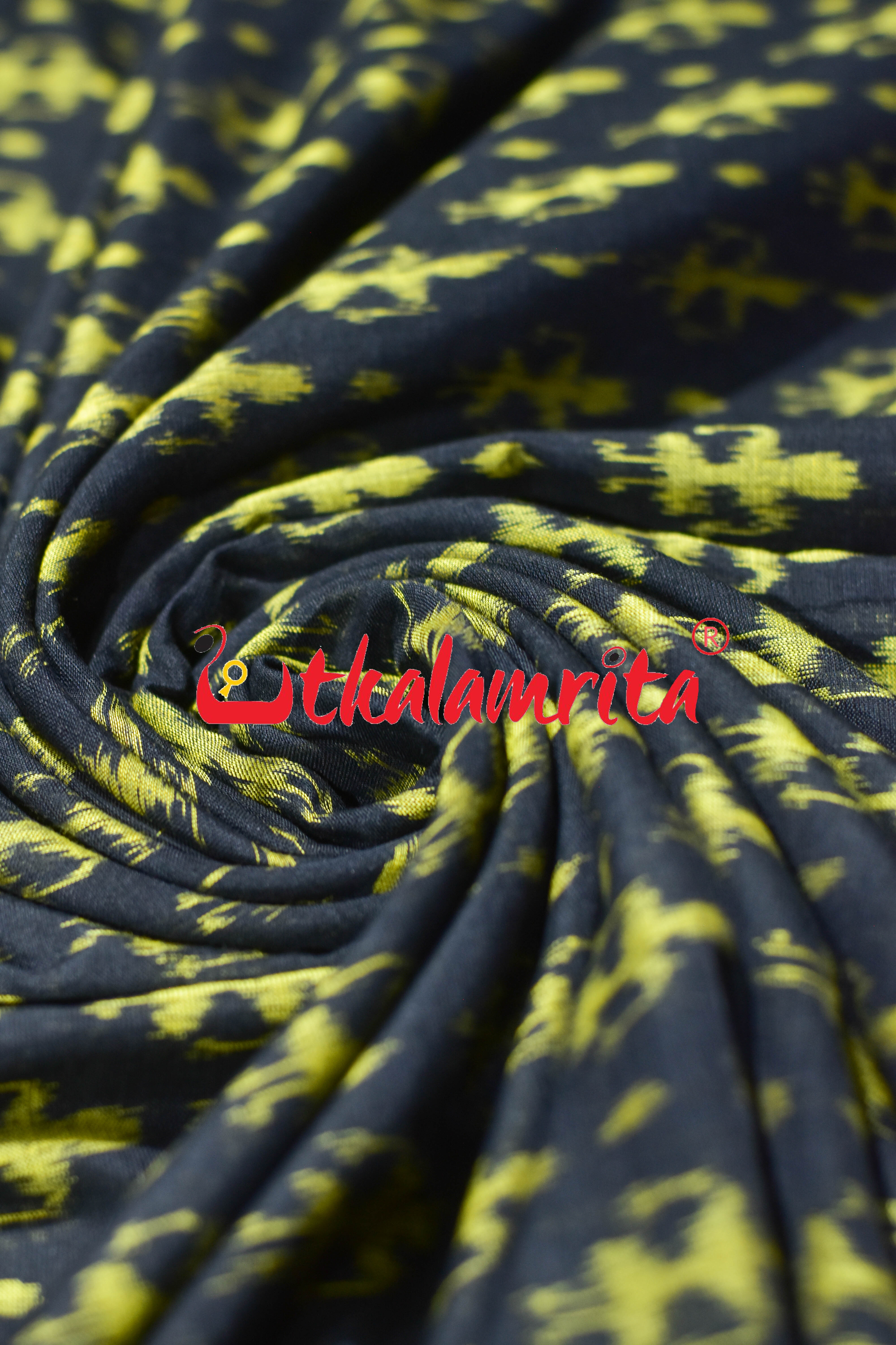 Black Yellow Standing Tribals Sambalpuri Cotton (Fabric)
