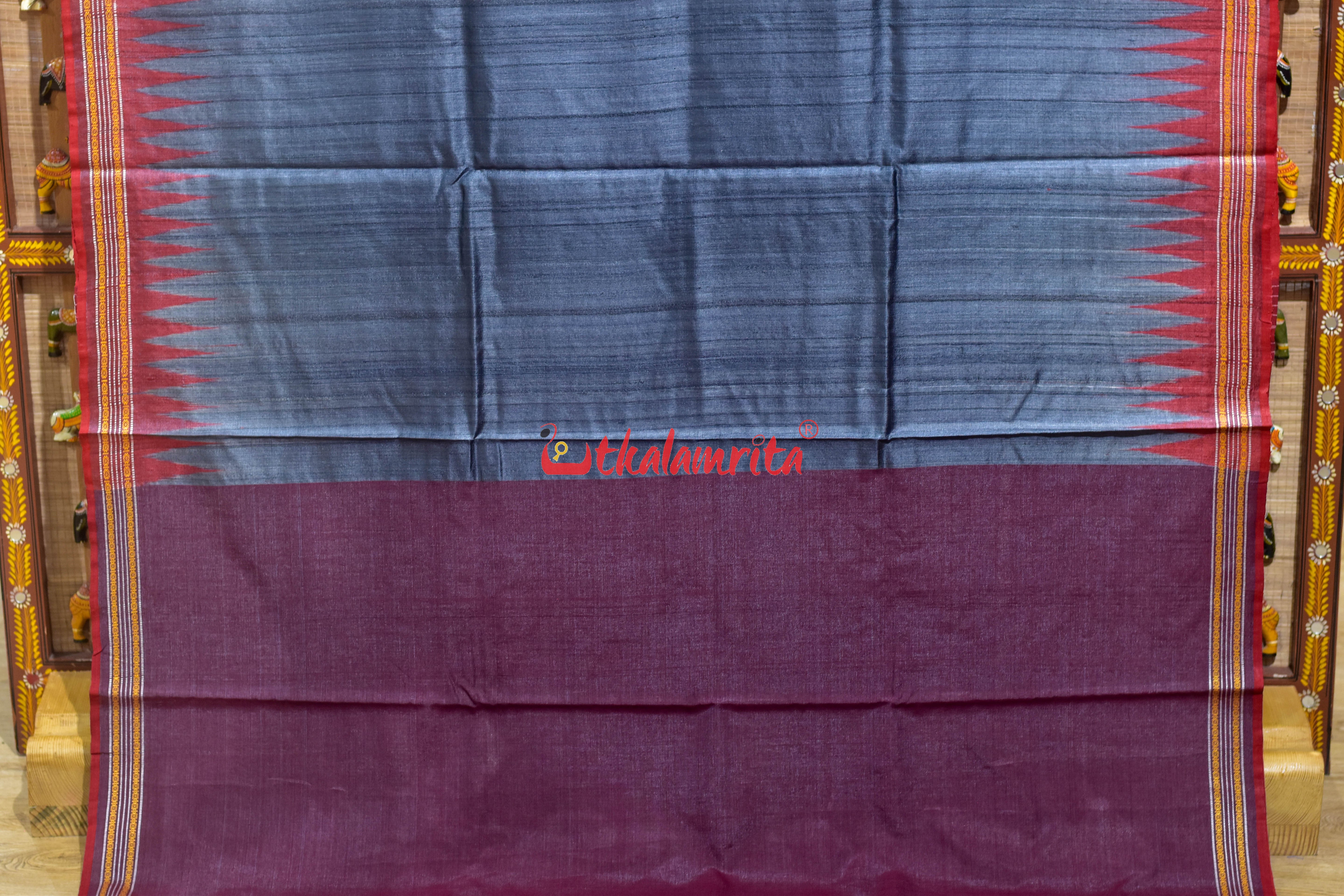 Grey Red Doby Border Gopalpur Tussar Silk Saree