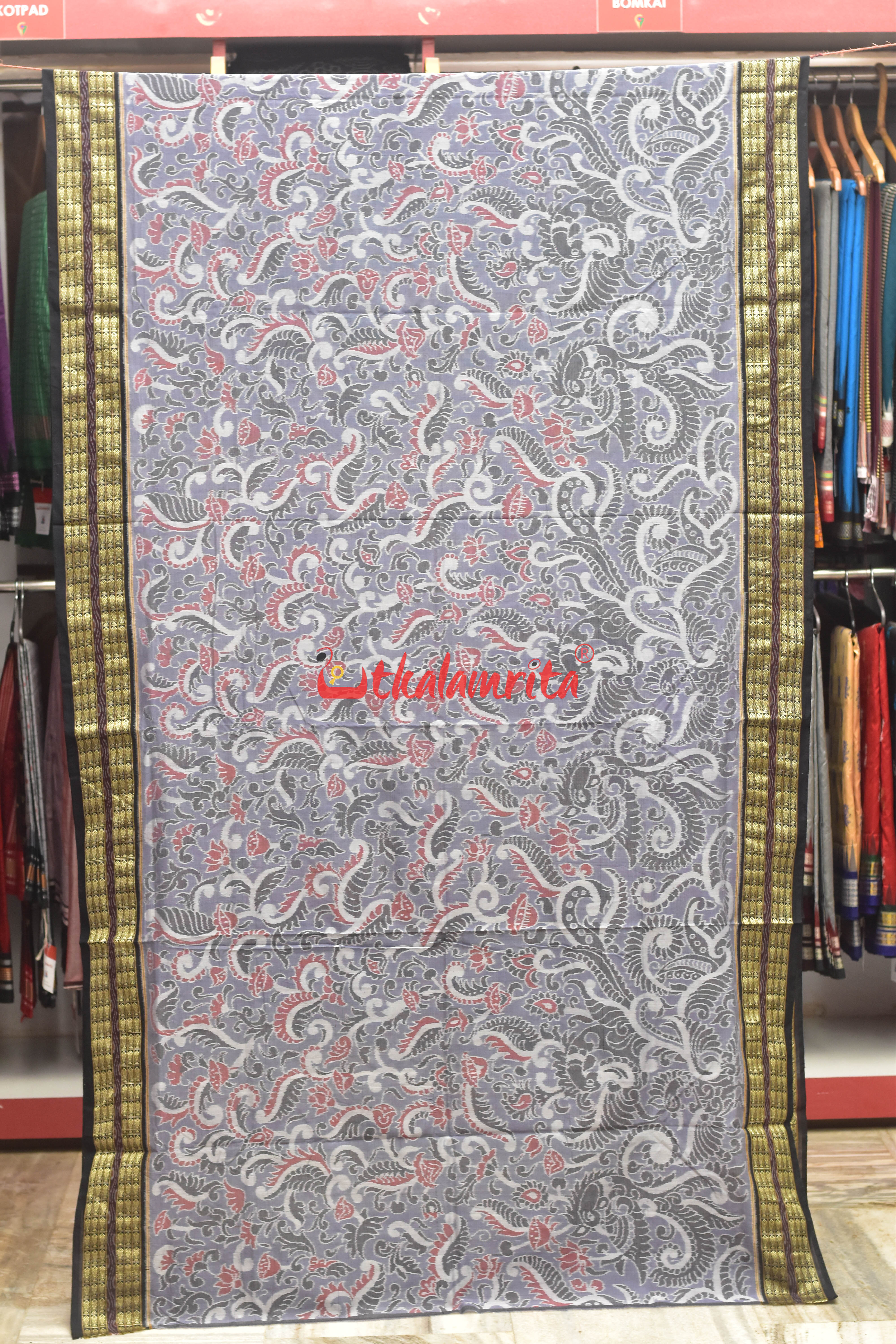Grey Red Flowers Bandha Sambalpuri Cotton Saree