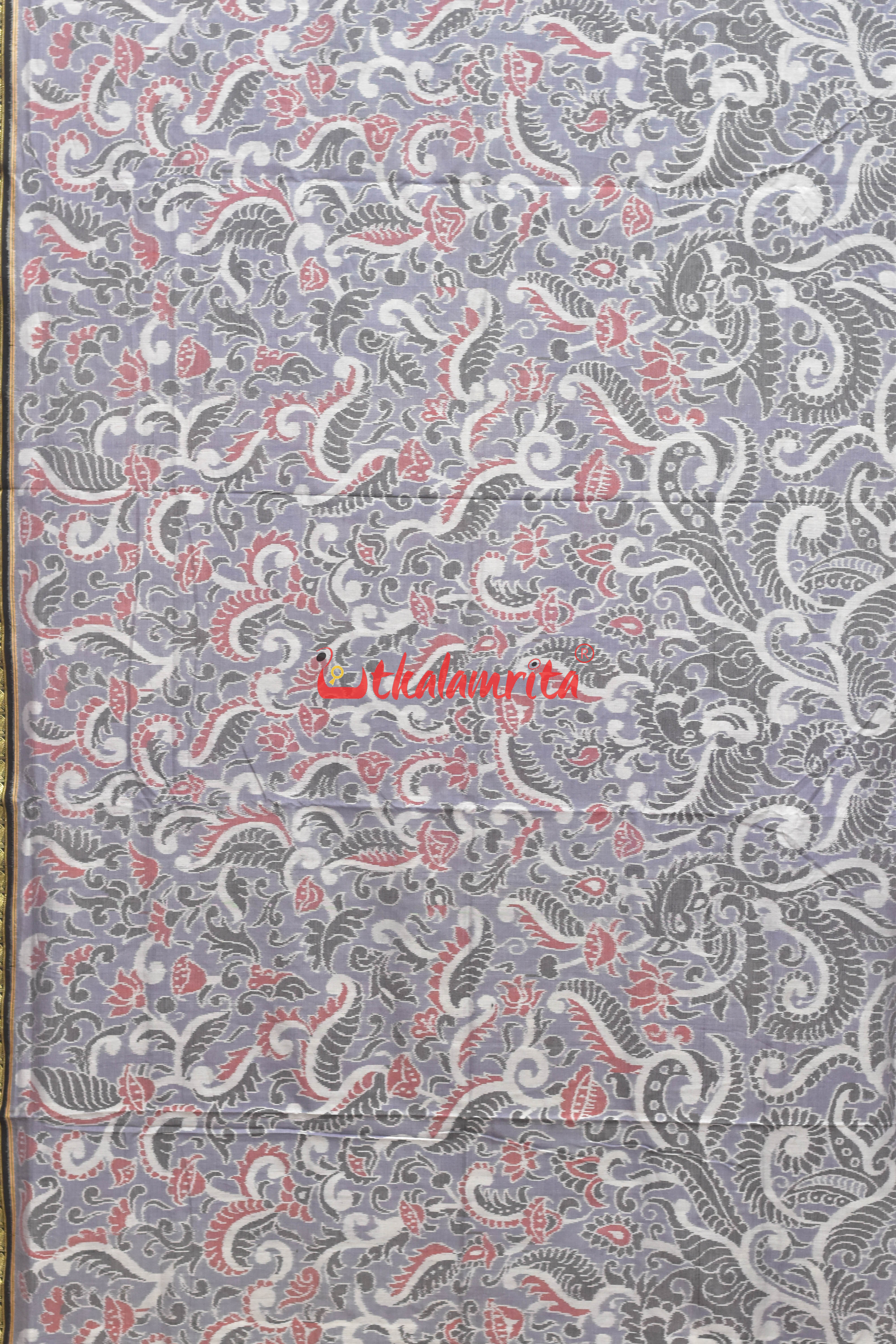 Grey Red Flowers Bandha Sambalpuri Cotton Saree