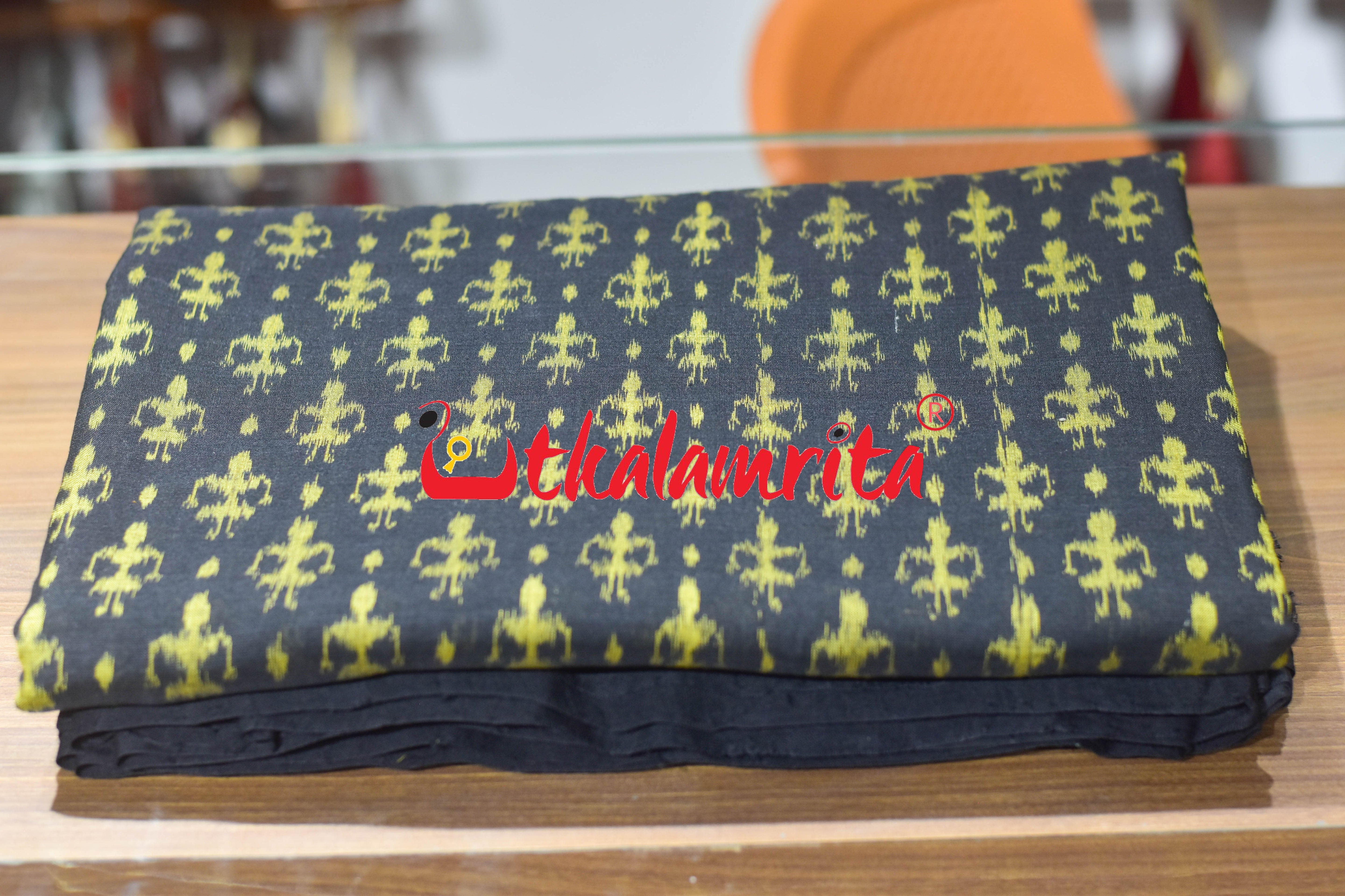 Black Yellow Standing Tribals Sambalpuri Cotton (Fabric)