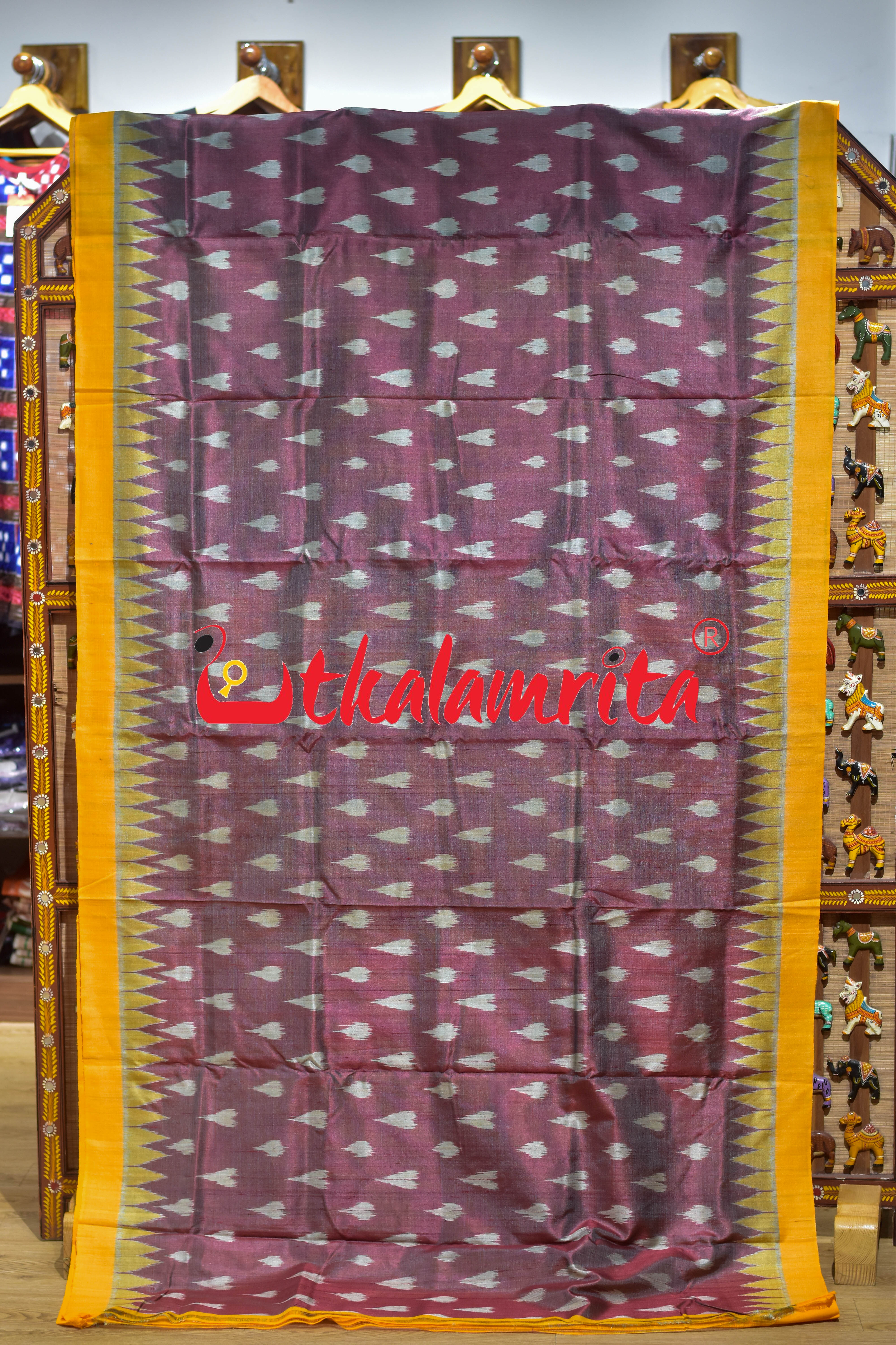 Maroon Yellow Dual Shade Body Ikat Gopalpur Tussar Silk Saree