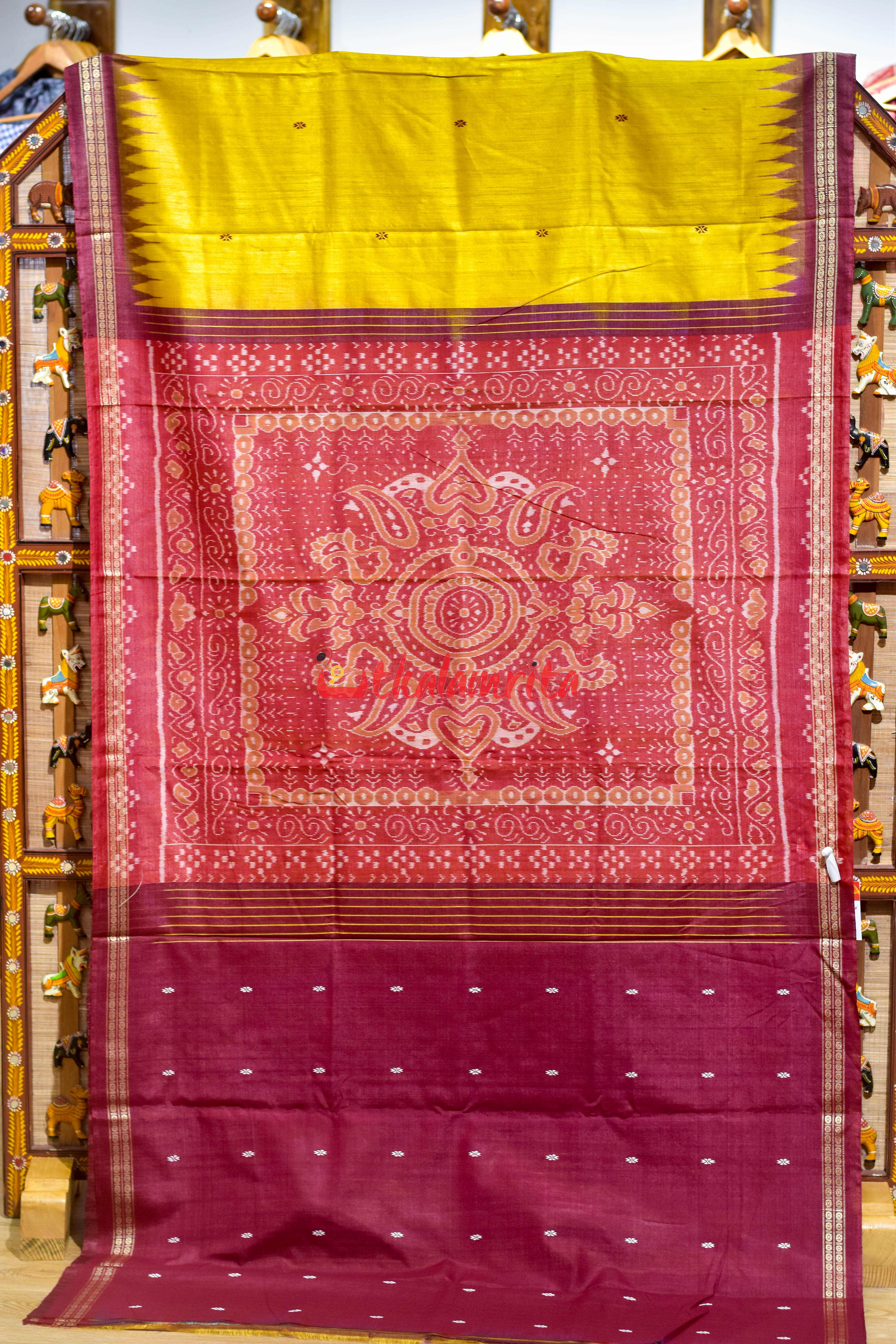 Yellow Maroon Doby Border Gopalpur Tussar Silk Saree