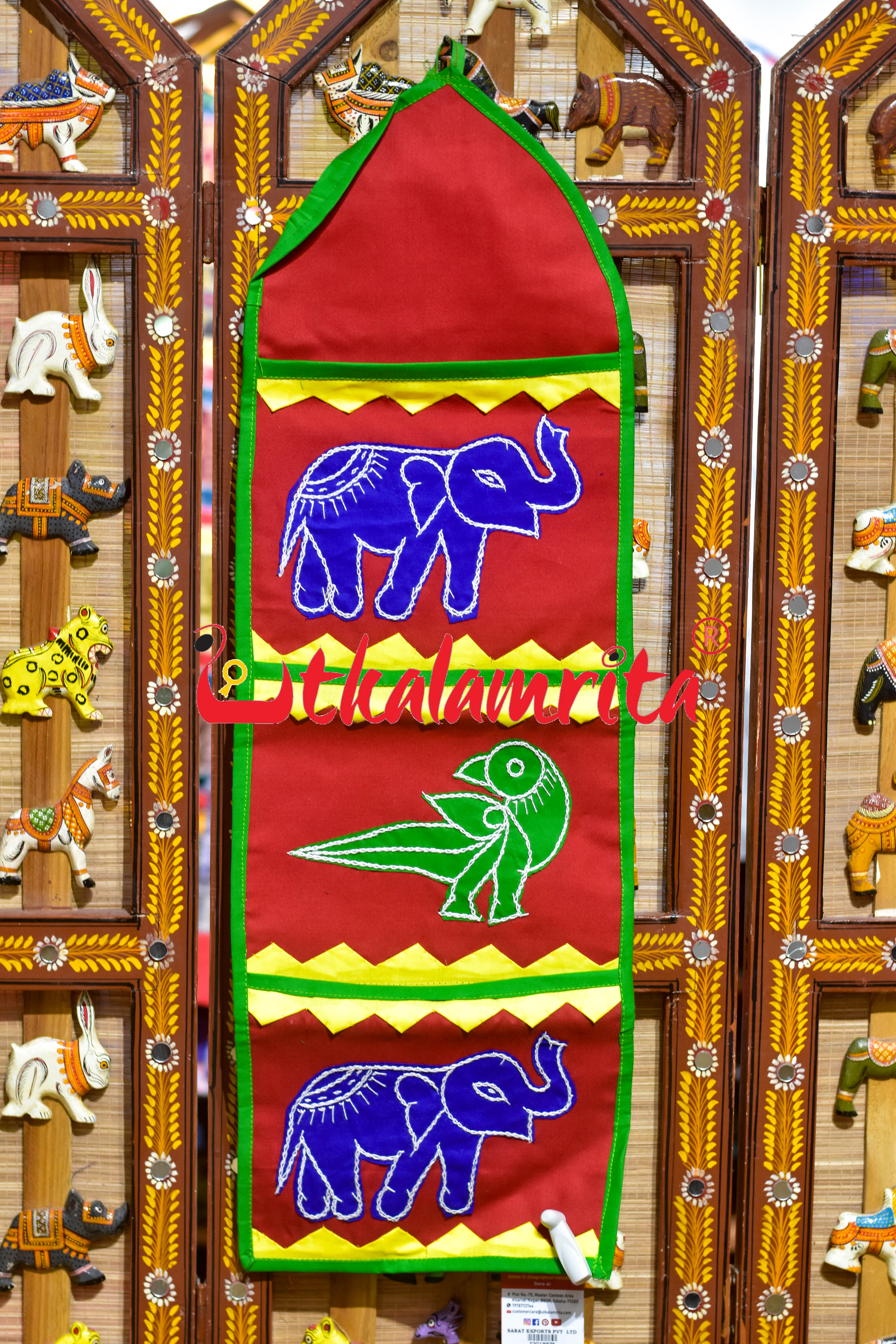 Red Green Double Elephant Pipli Applique Letter Box