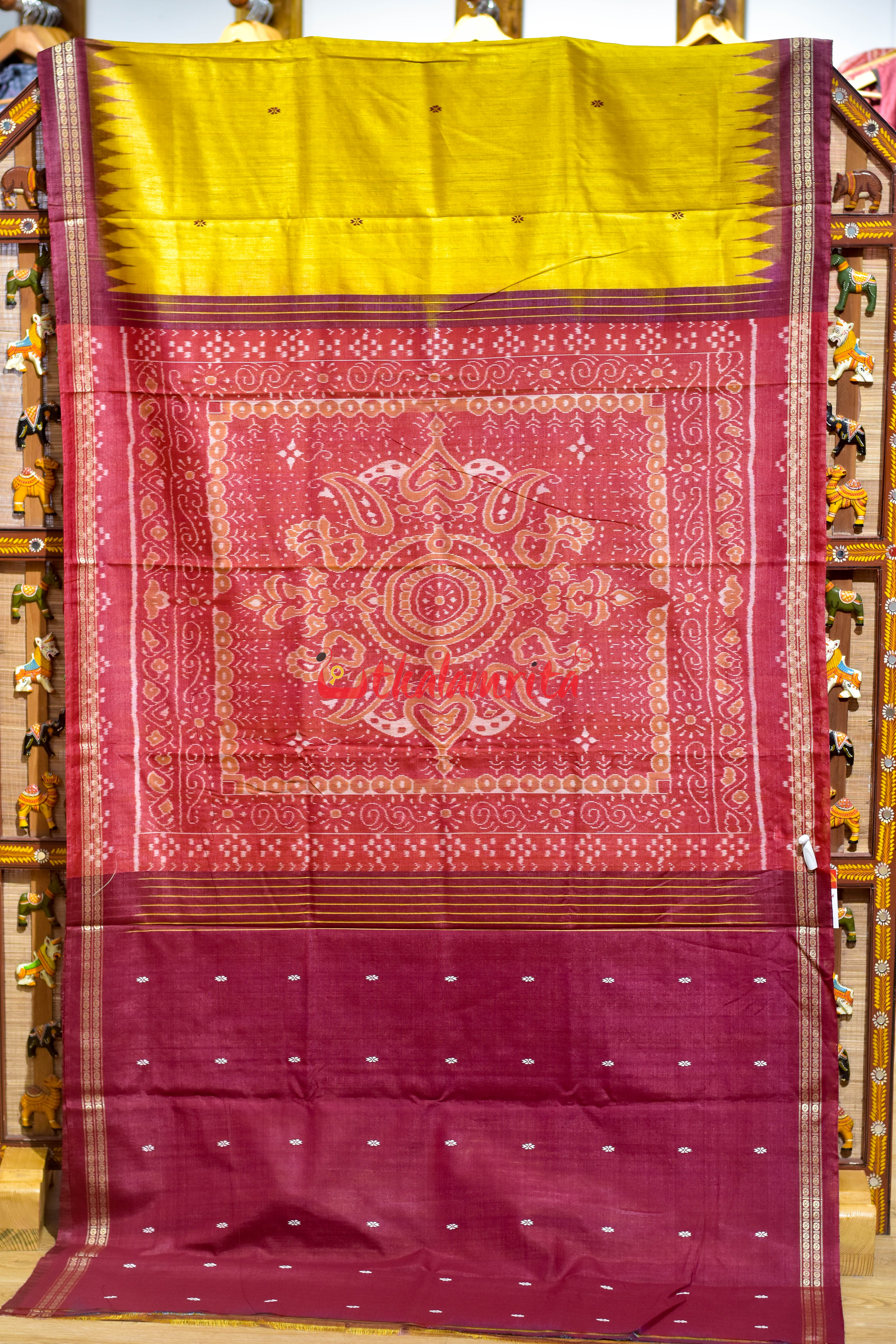Yellow Maroon Doby Border Gopalpur Tussar Silk Saree