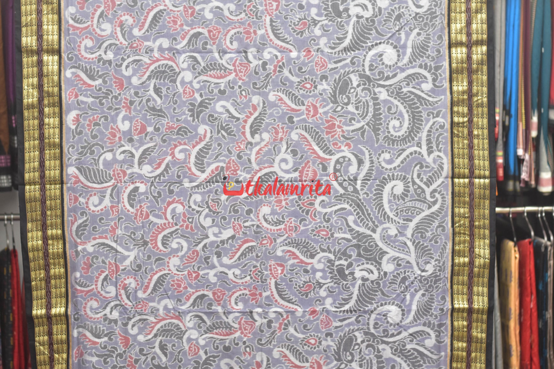 Grey Red Flowers Bandha Sambalpuri Cotton Saree