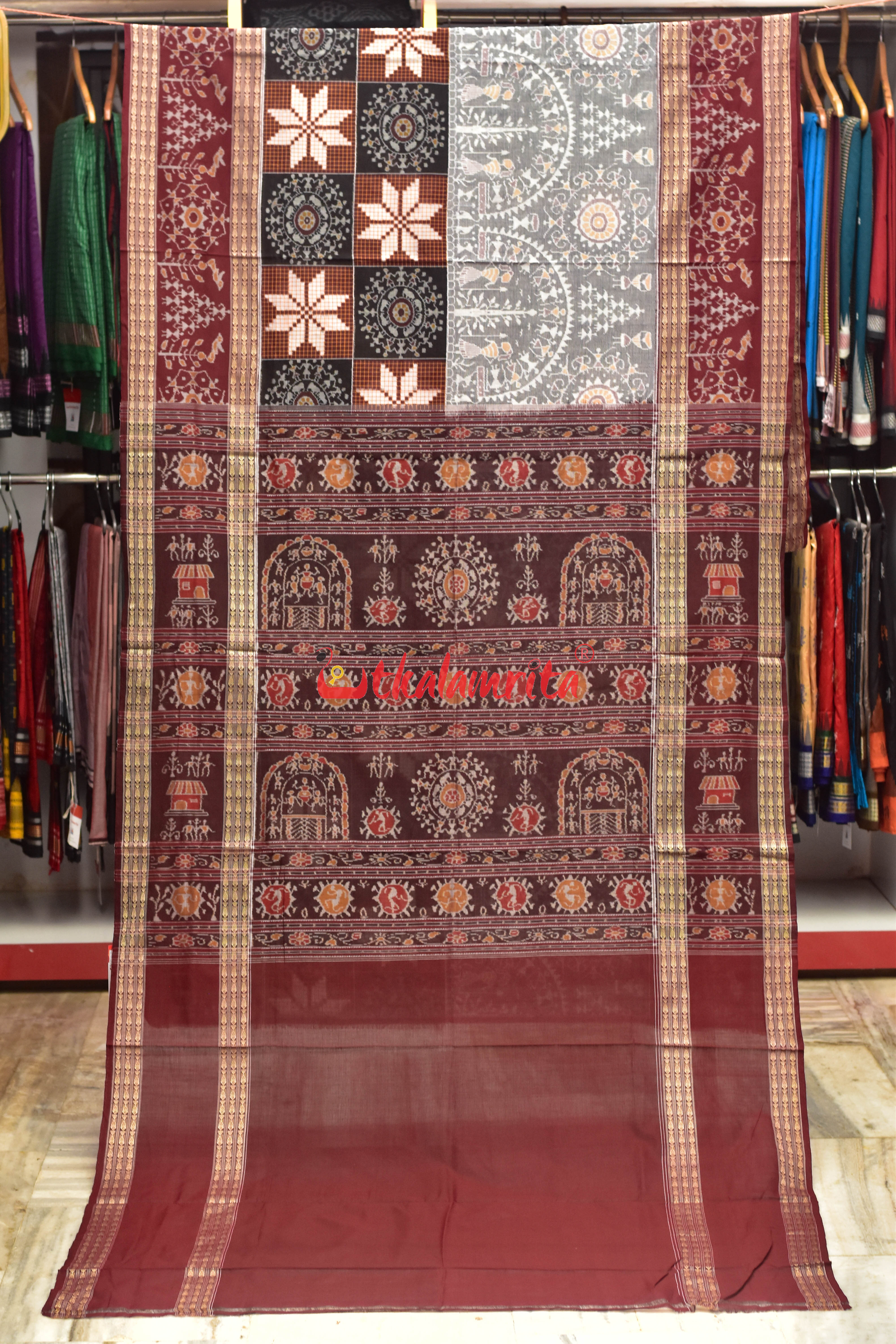 Grey Tribals Half Half Sambalpuri Cotton Saree