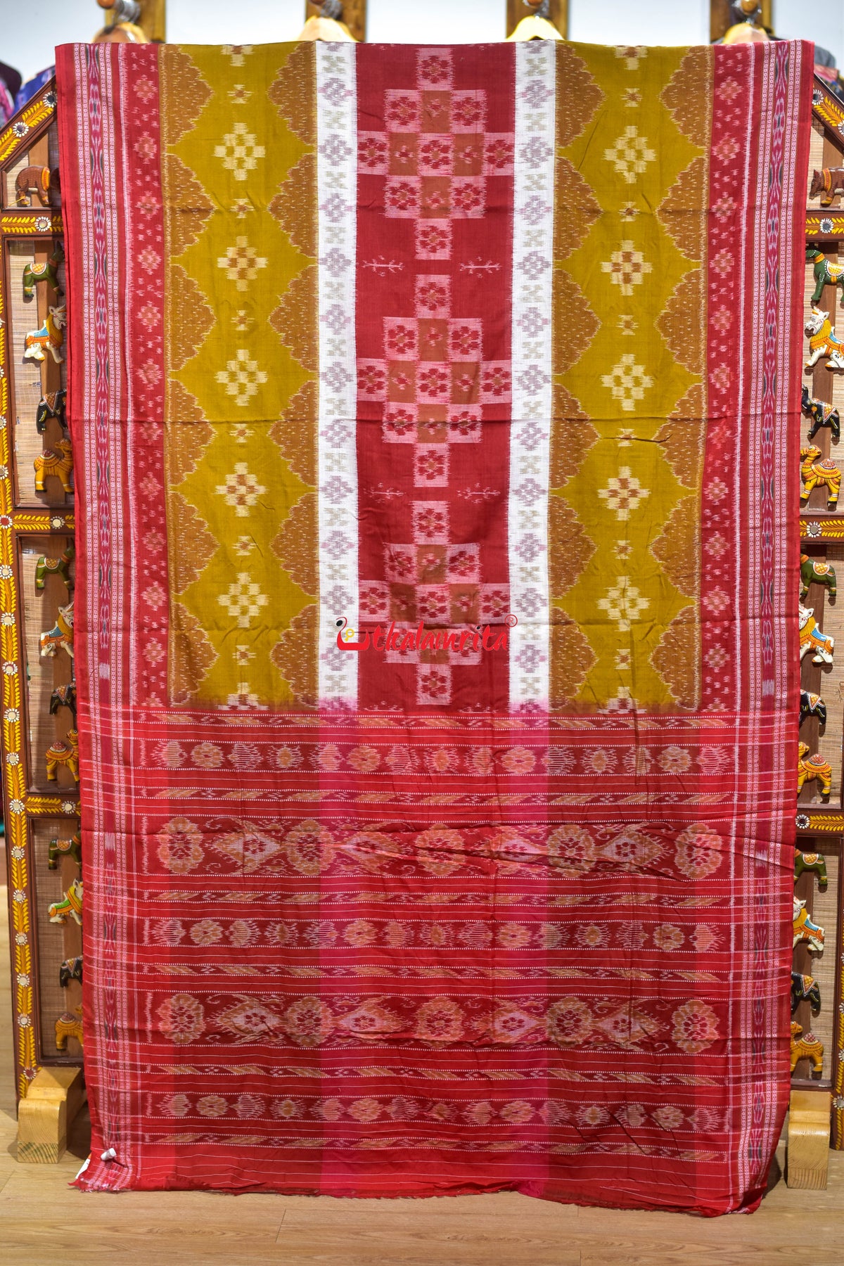 Mehendi Red 3D Khandua Cotton Saree