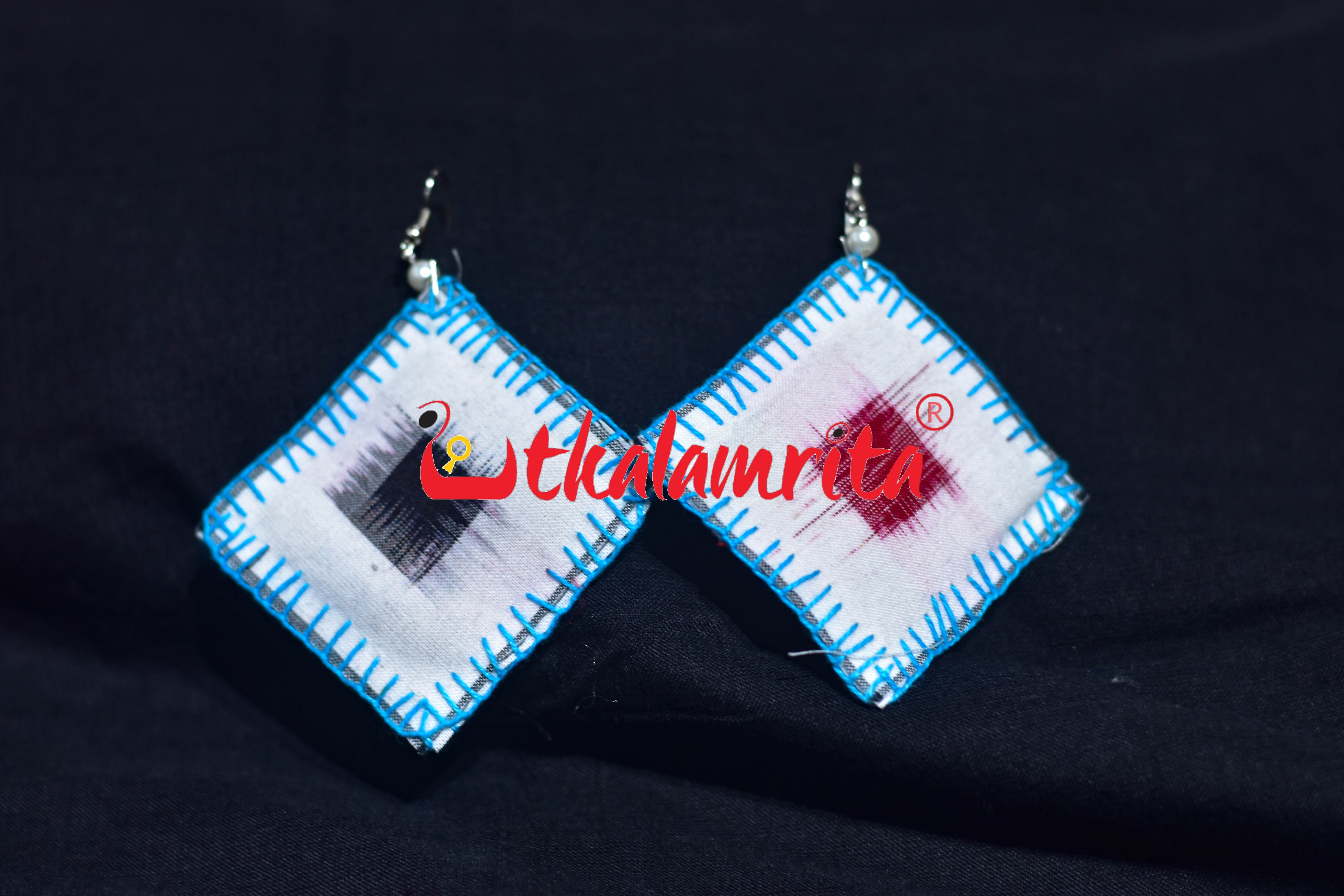 White Pasapali Blue Thread Earrings