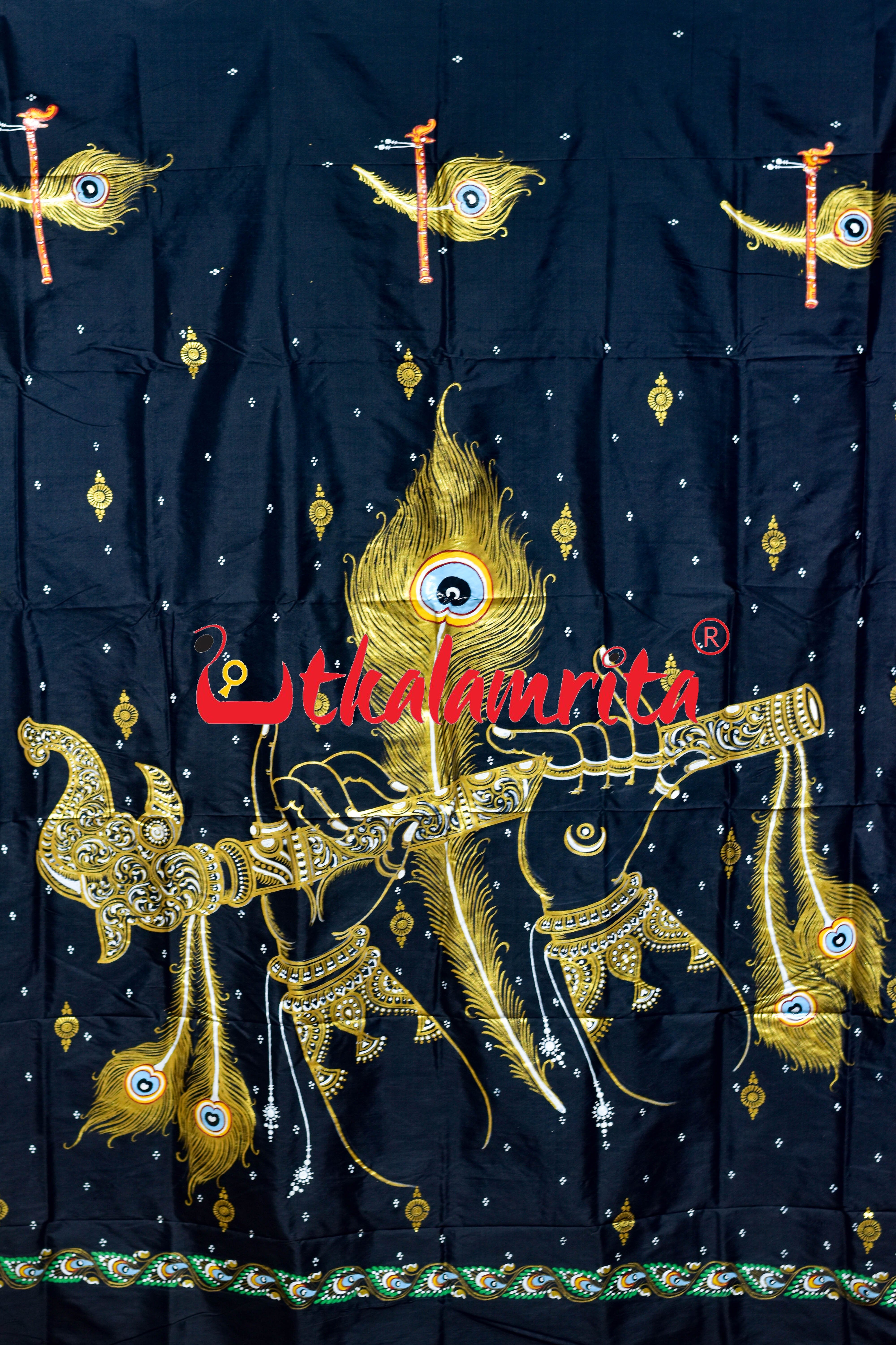 Black Plain Krushna Representation Pattachitra Silk Saree