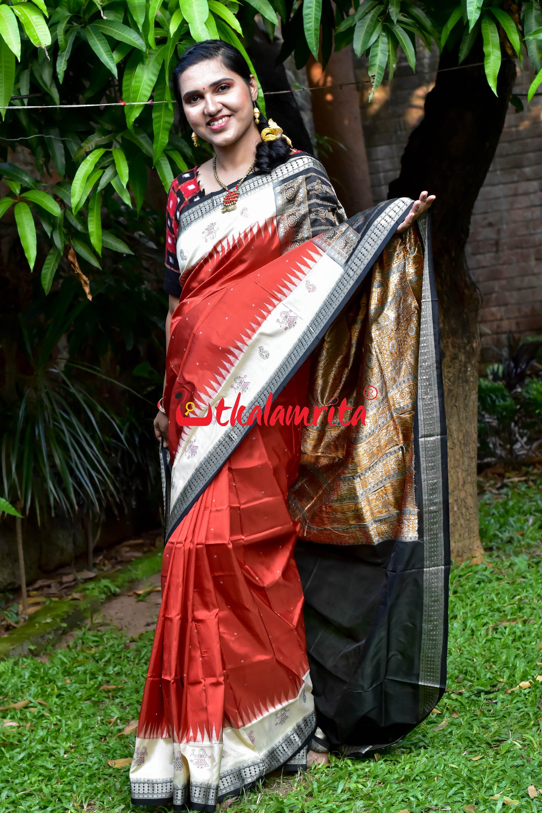 Rust Cream Dhadi Doll Bomkai Silk Saree