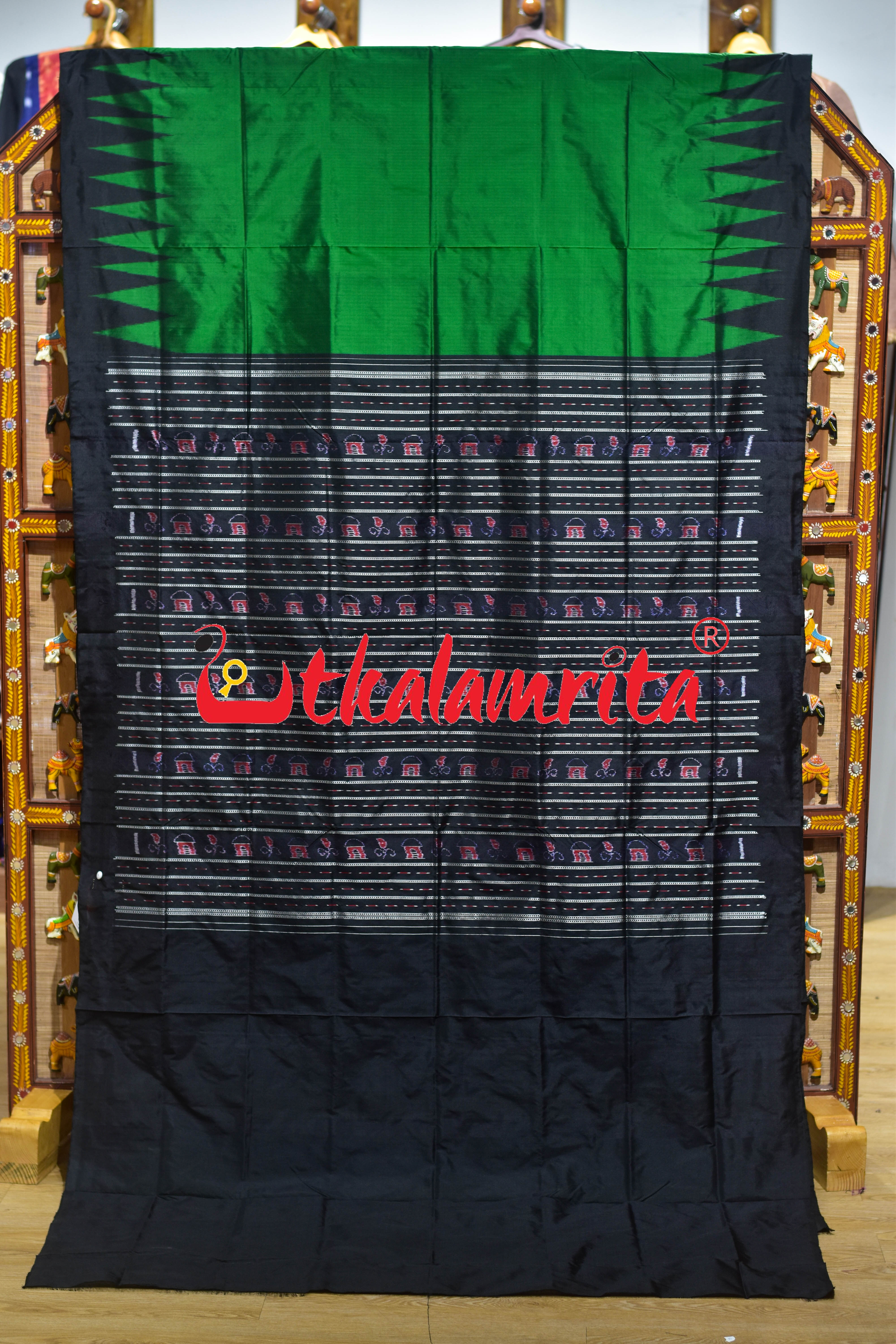Green Black Kumbha Bandha Anchal Sambalpuri Silk Saree
