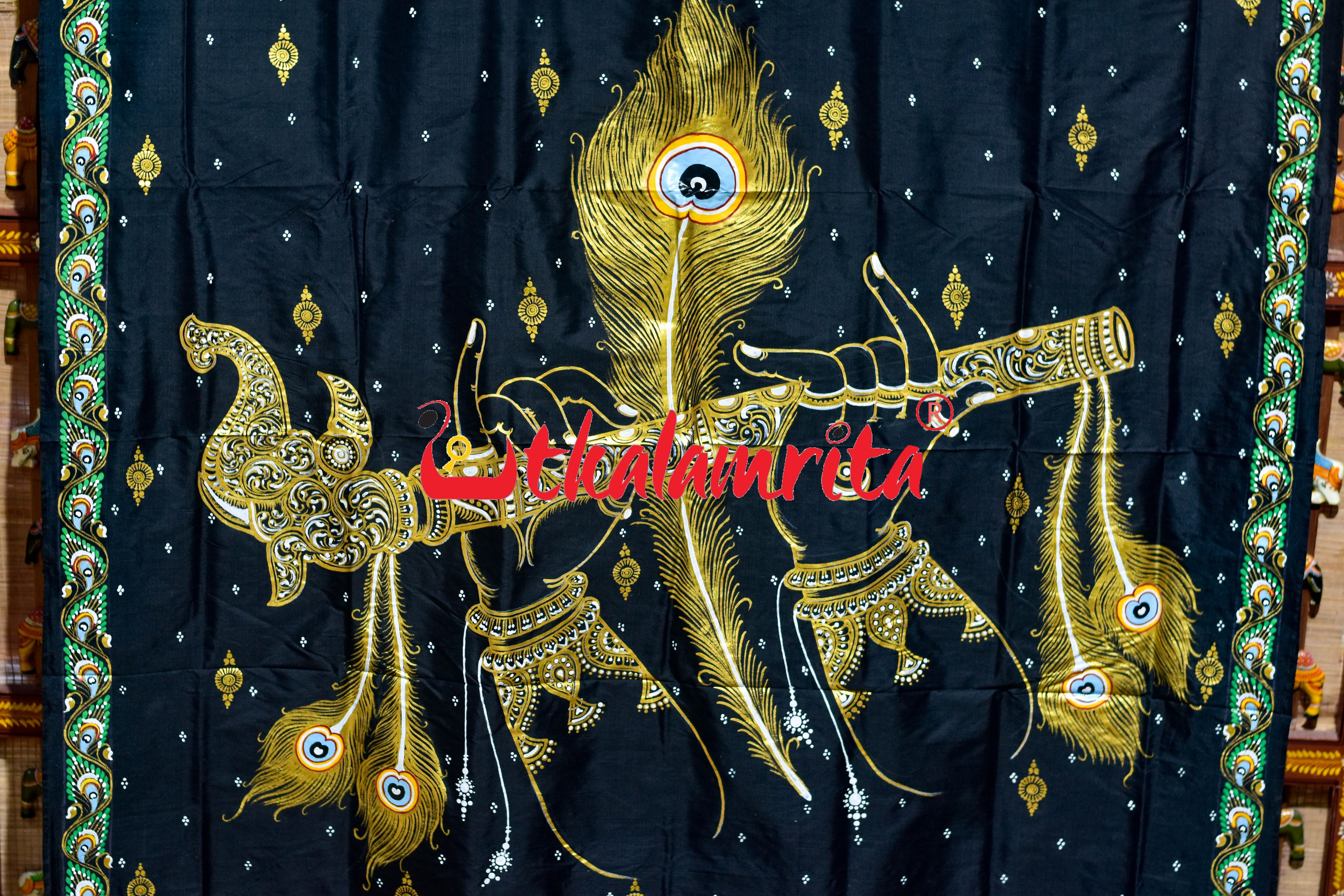 Black Plain Krushna Representation Pattachitra Silk Saree