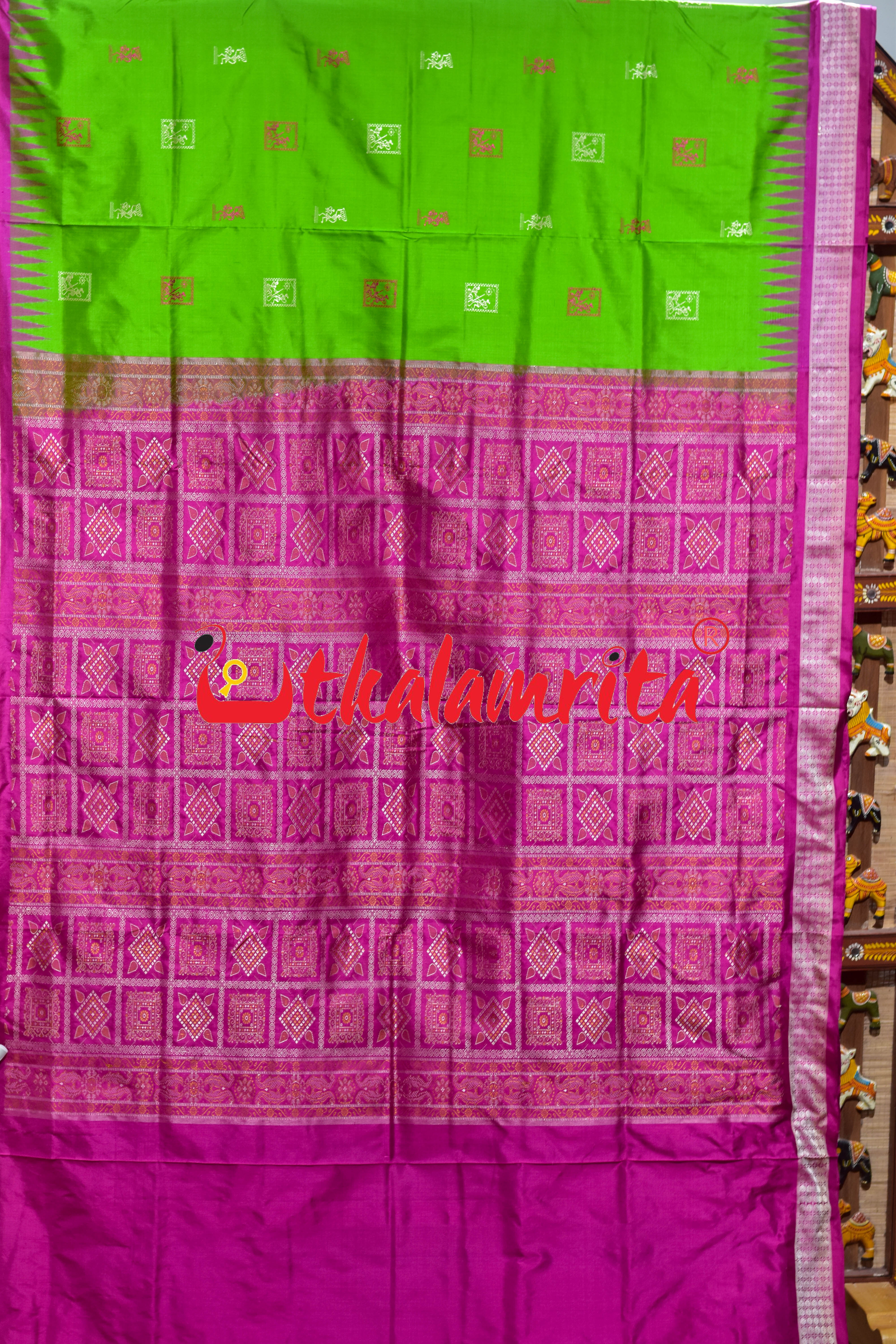 Apple Green Rani Pink Tribal Bomkai Silk Saree