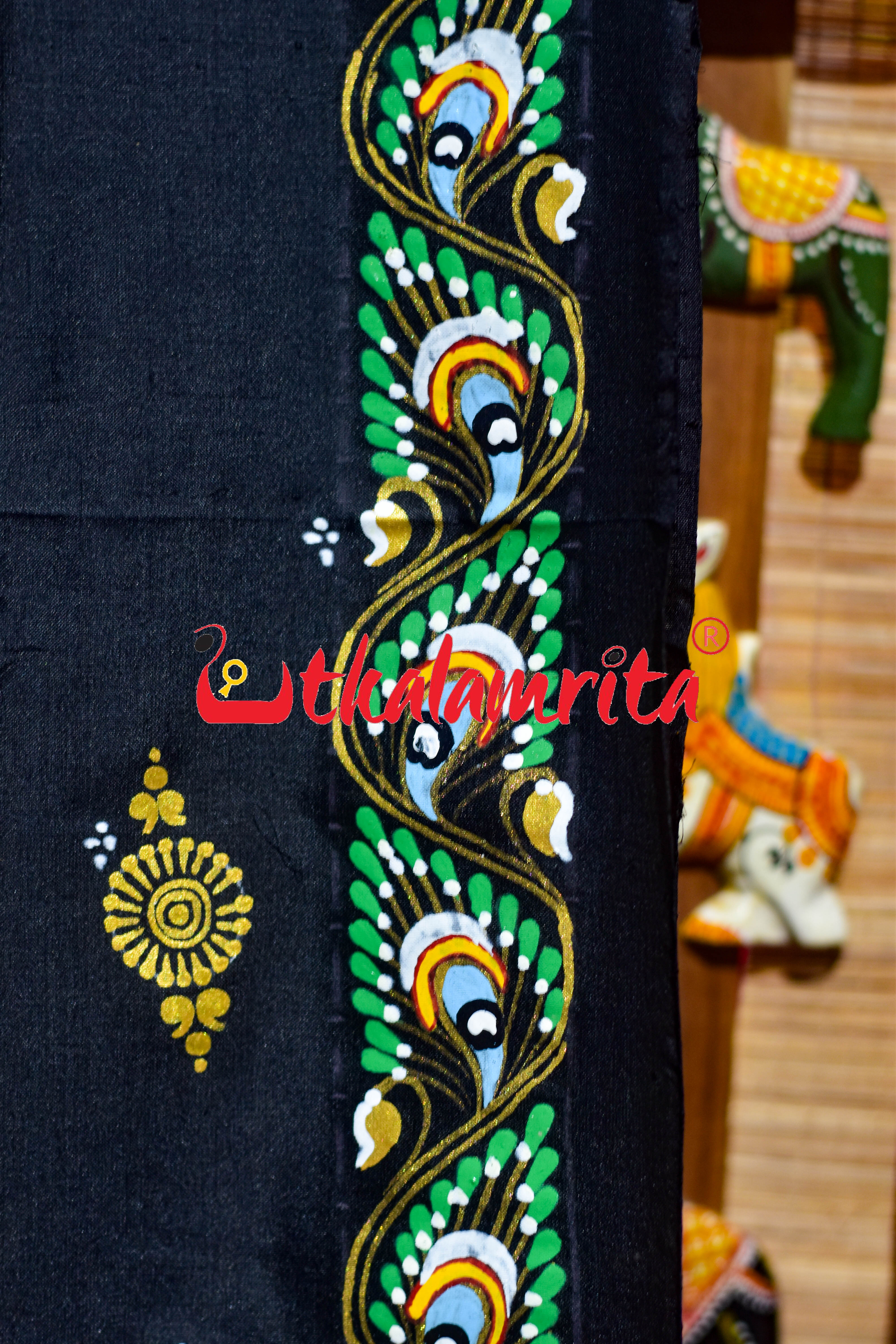 Black Plain Krushna Representation Pattachitra Silk Saree