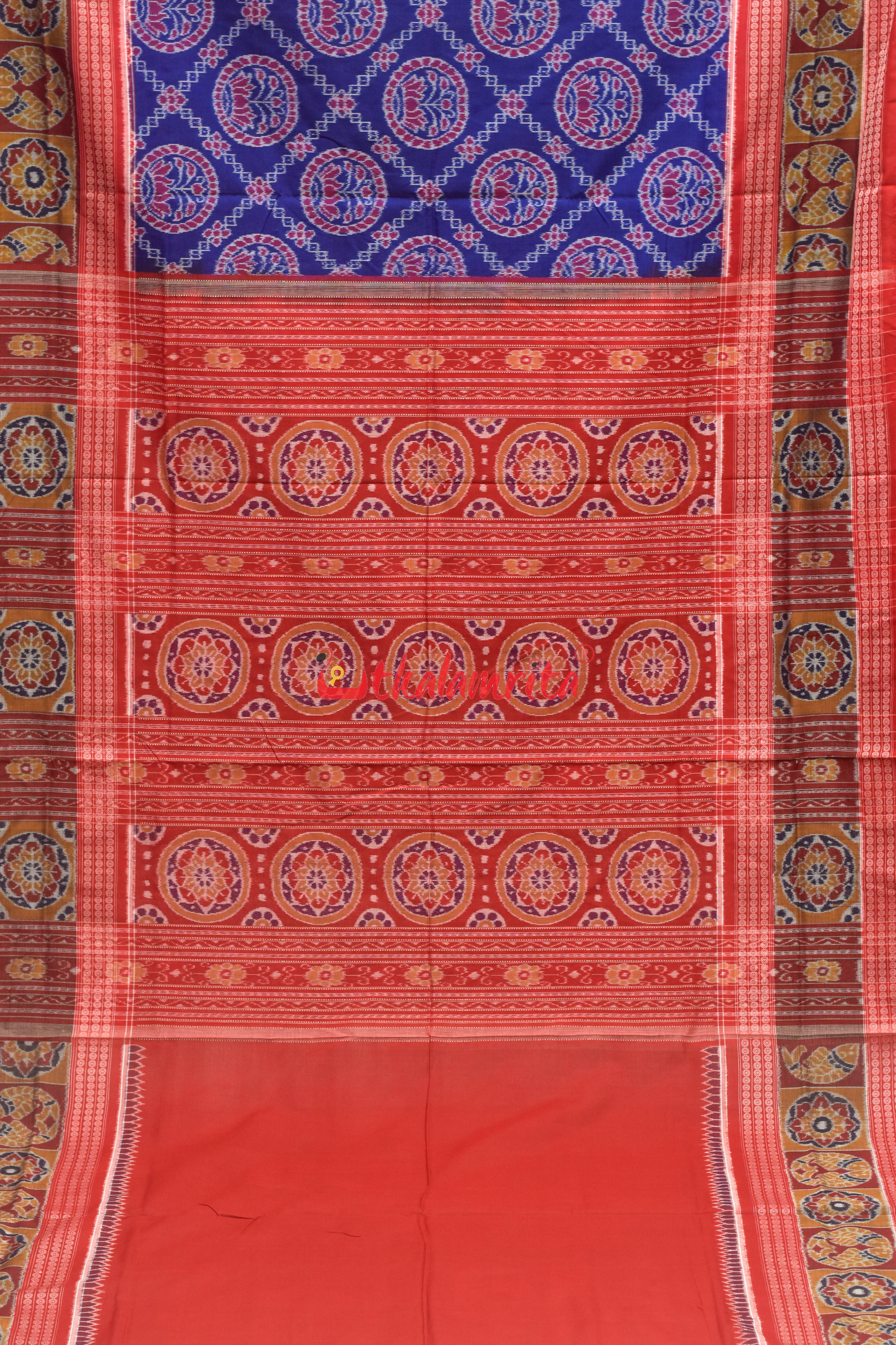 Blue Lotus Design Flower Border Sambalpuri Cotton Saree