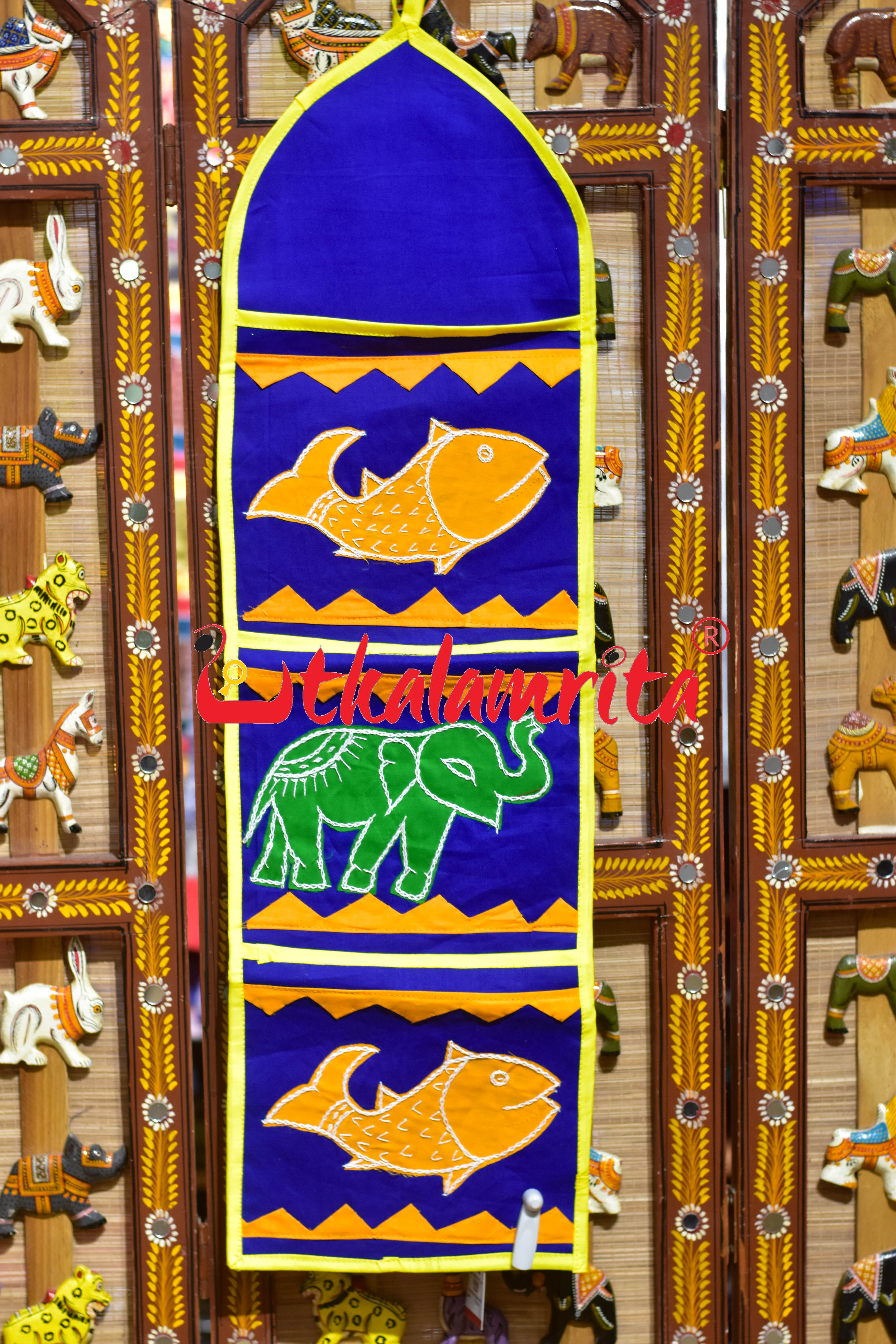 Blue Yellow Double Fish Pipli Applique Letter Box