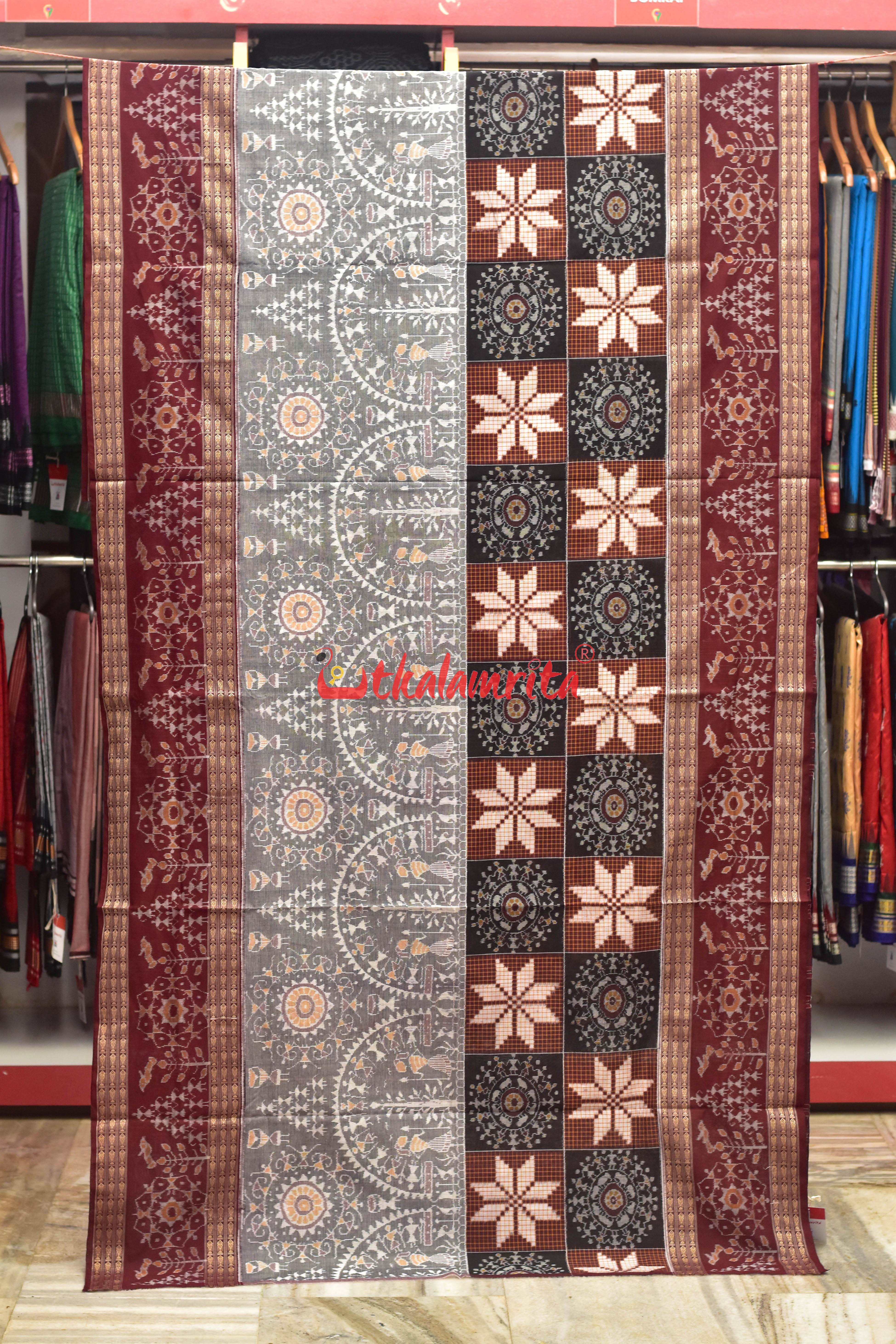 Grey Tribals Half Half Sambalpuri Cotton Saree