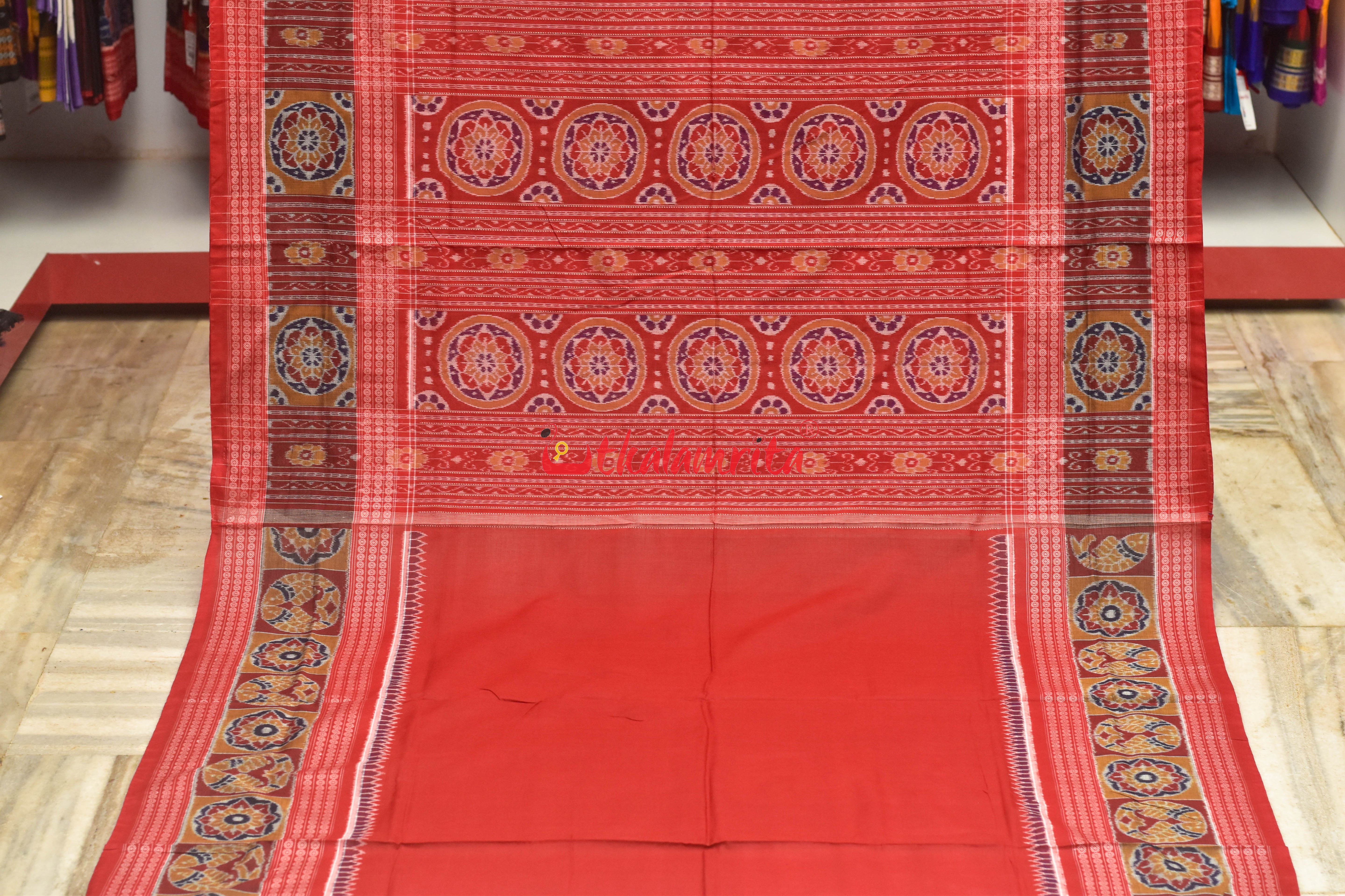 Blue Lotus Design Flower Border Sambalpuri Cotton Saree