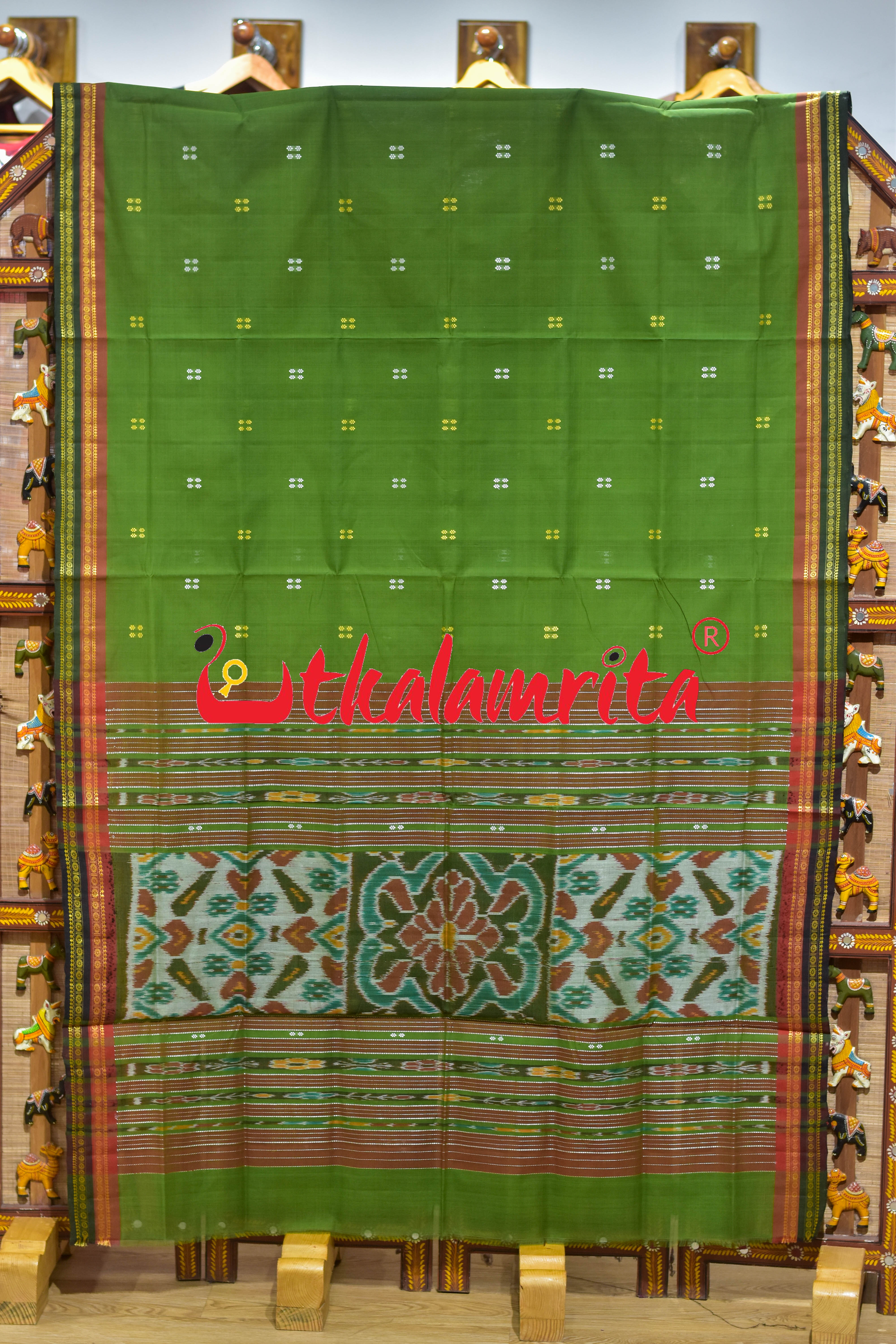 Mehndi Double Border Doby Pittala Single Cotton Saree