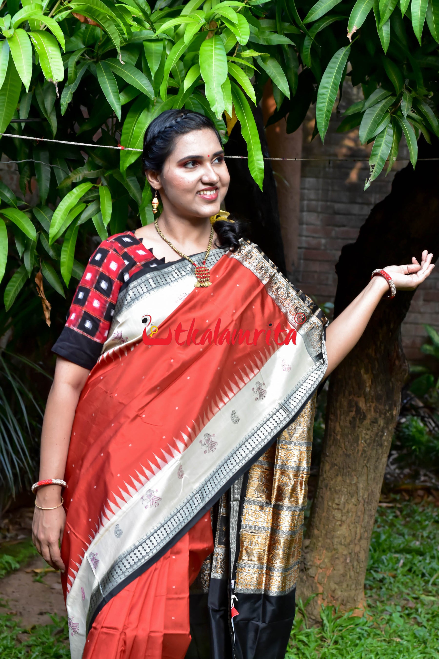Rust Cream Dhadi Doll Bomkai Silk Saree